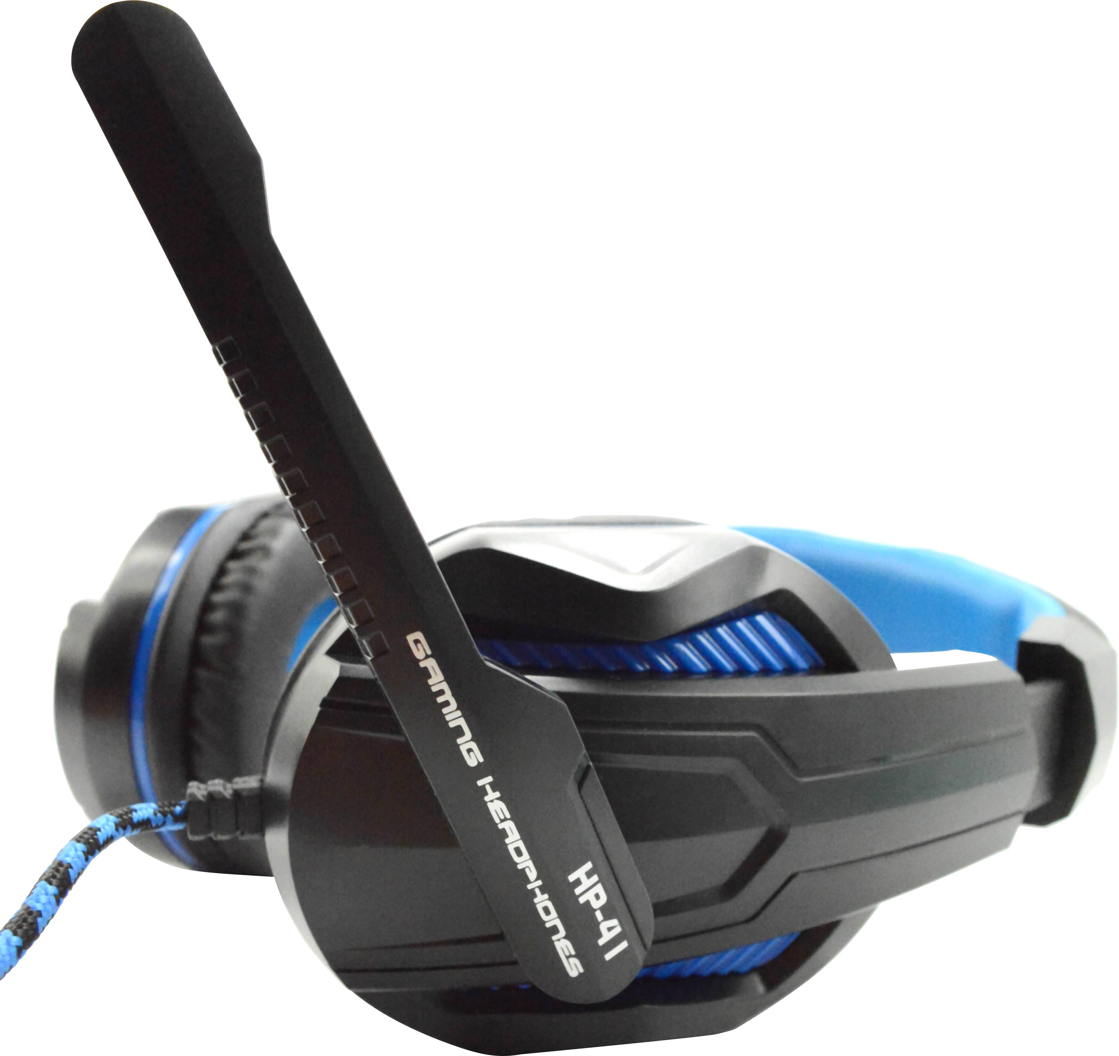 Schwarzes und blaues Gaming-Headset mit Mikrofon am Bügel, beschriftet mit 'Gaming Headphones HP41'. Geeignet für PC-Spieler.