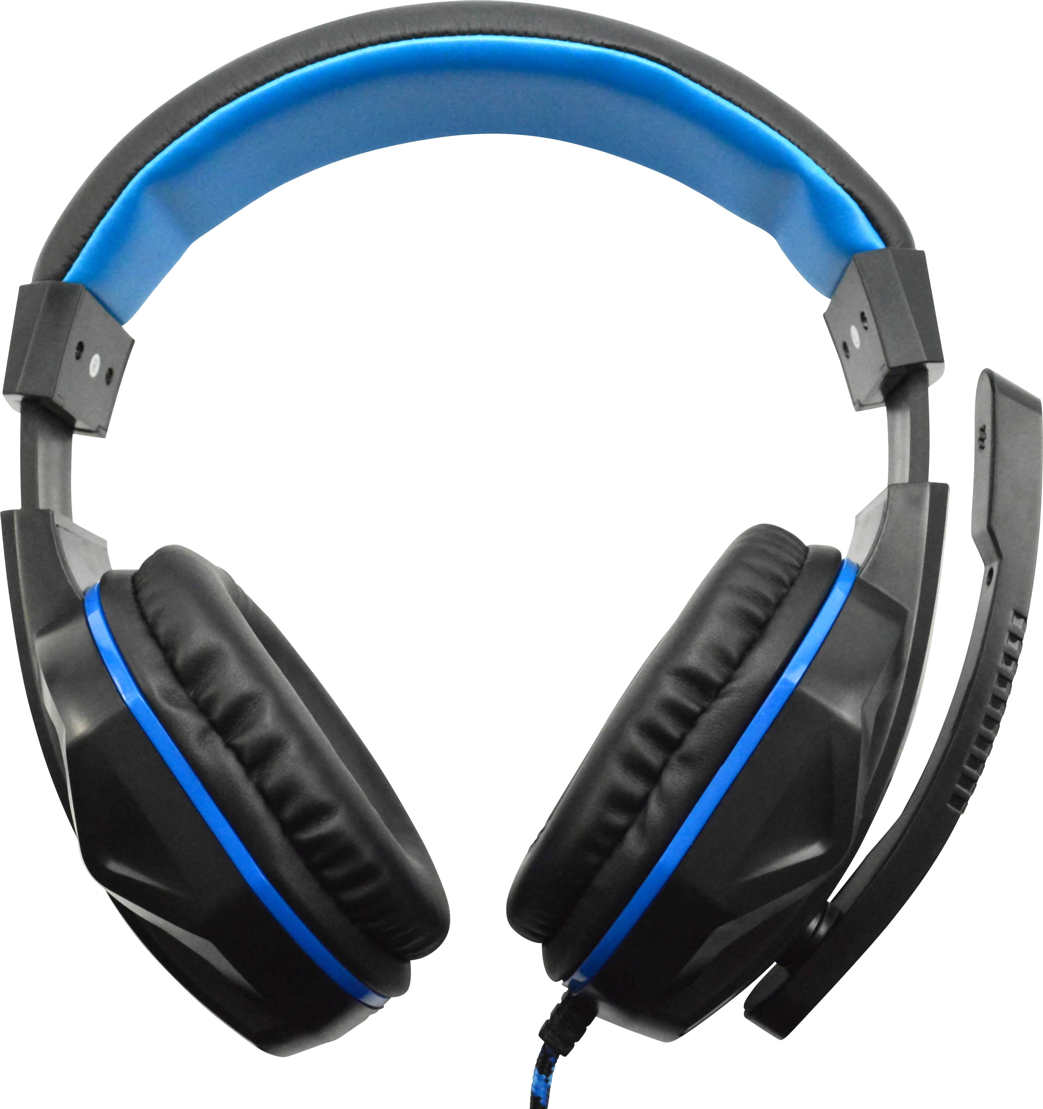 Schwarzer Gaming-Kopfhörer mit blauem Polster und Mikrofonarm, ausgerichtet zur Vorderansicht.