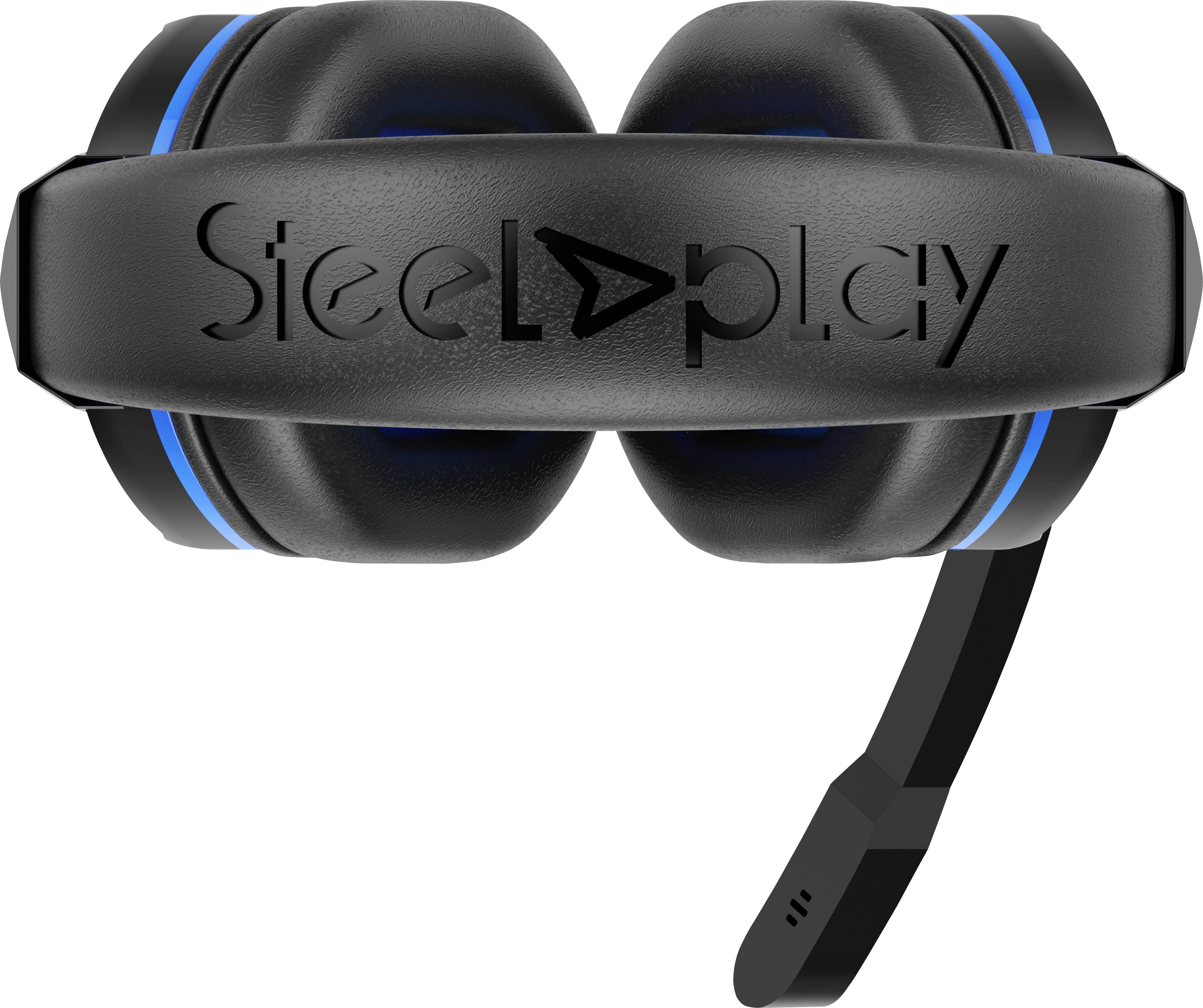 Schwarzes Gaming-Headset mit blauem Akzent und Mikrofon. Auf dem Bügel steht 'Steelplay'.