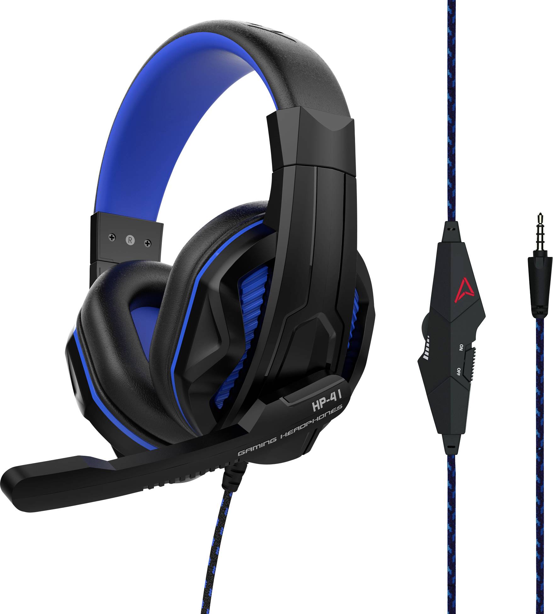 Ein schwarzes Gaming-Headset mit blauem Polsterung, Mikrofonarm und einem Kabel mit Steuerungsknopf. Perfekt für immersives Spielen.