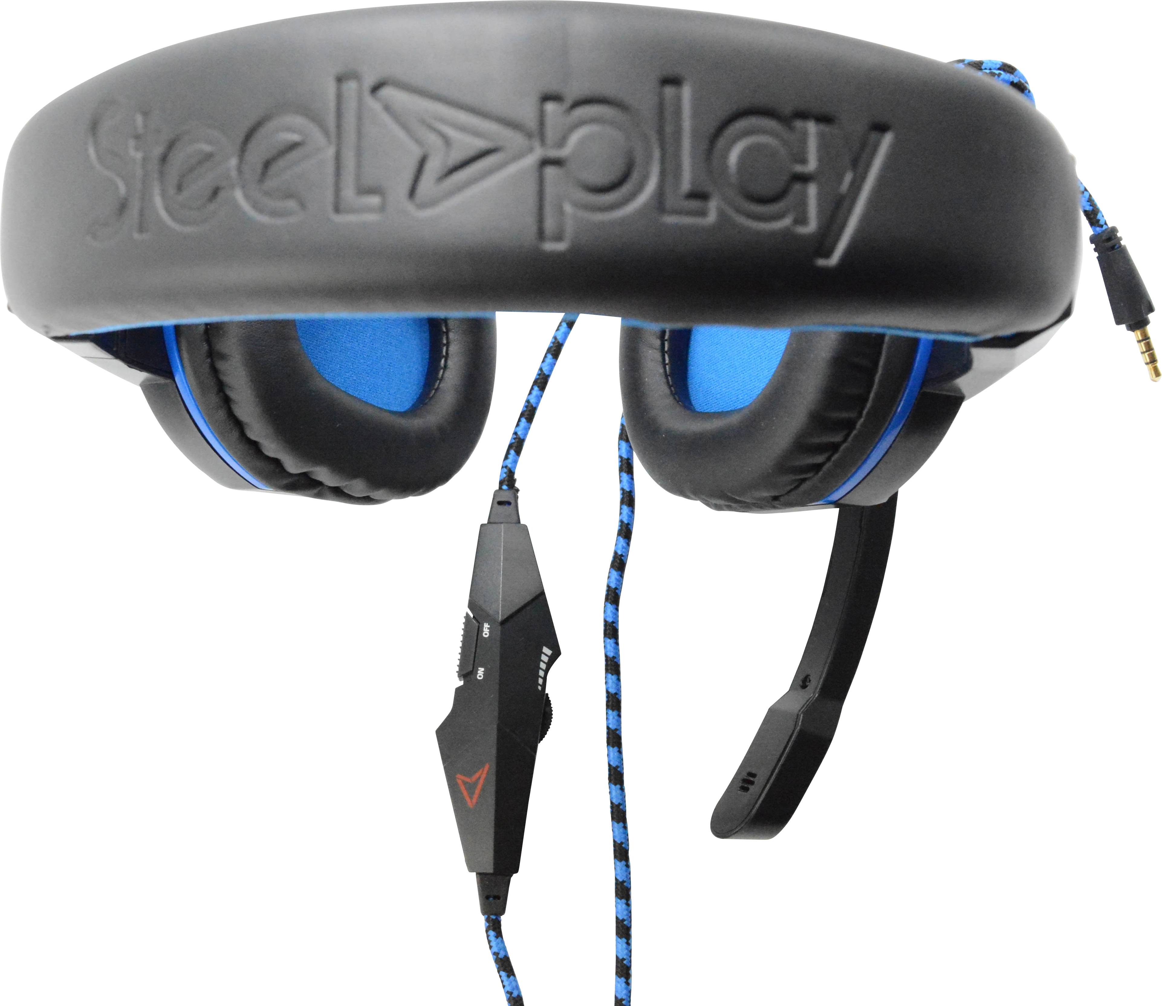 Schwarzer Gaming-Kopfhörer mit blauem Innenfutter und Mikrofon an der linken Seite. Kabel mit integriertem Steuerungsmodul.