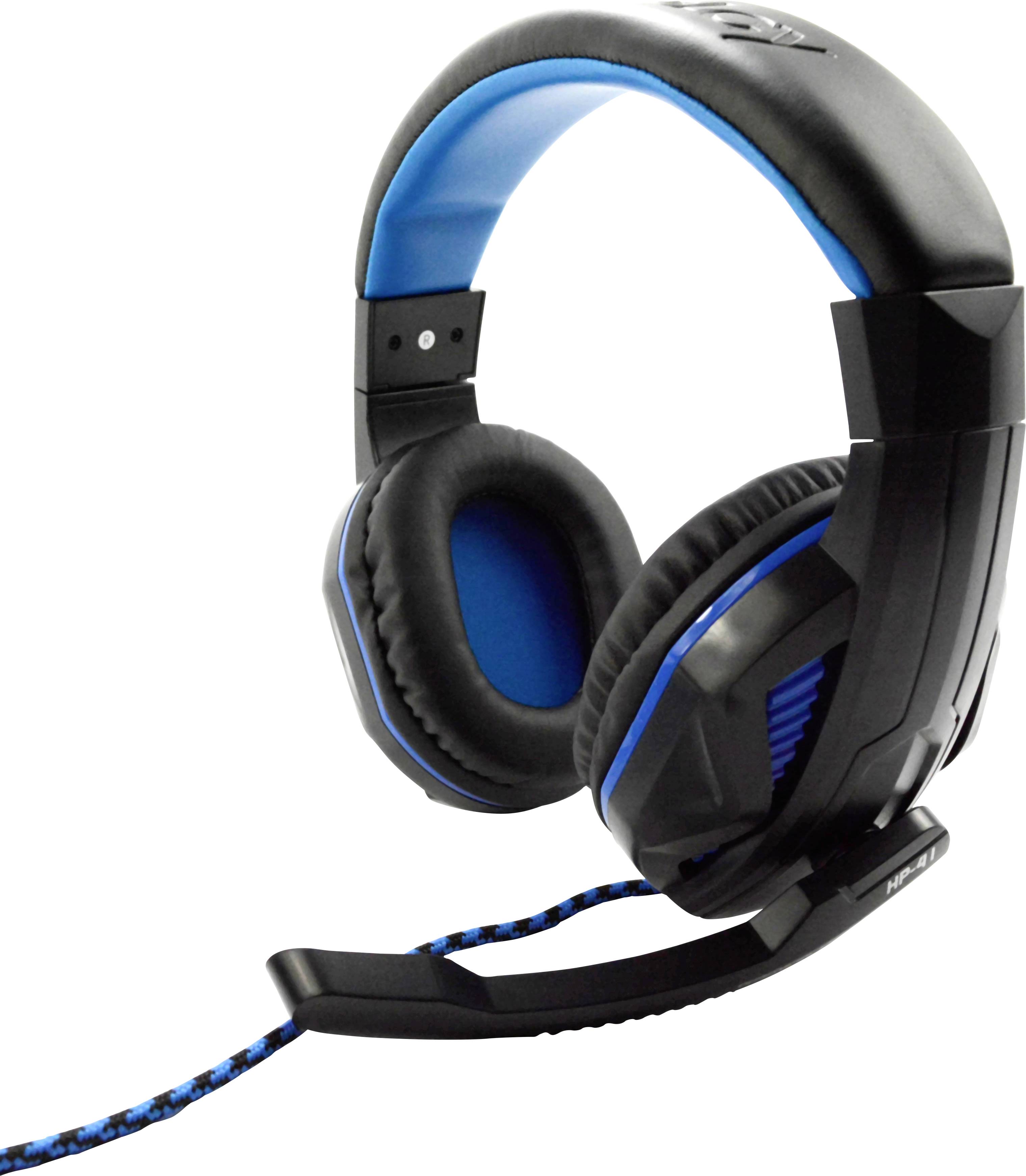Großer schwarzer und blauer Gaming-Kopfhörer mit Mikrofon, verbunden durch ein geflochtenes Kabel. Ideal für PC-Spiele.