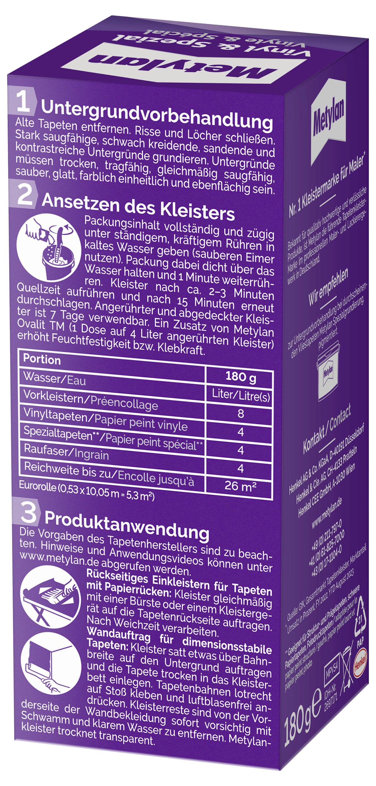 Eine lila Schachtel mit der Aufschrift „Metylan" enthält Gebrauchsanweisungen für Tapetenkleister mit Abschnitten zur Vorbereitung, Anmischung und Anwendung.