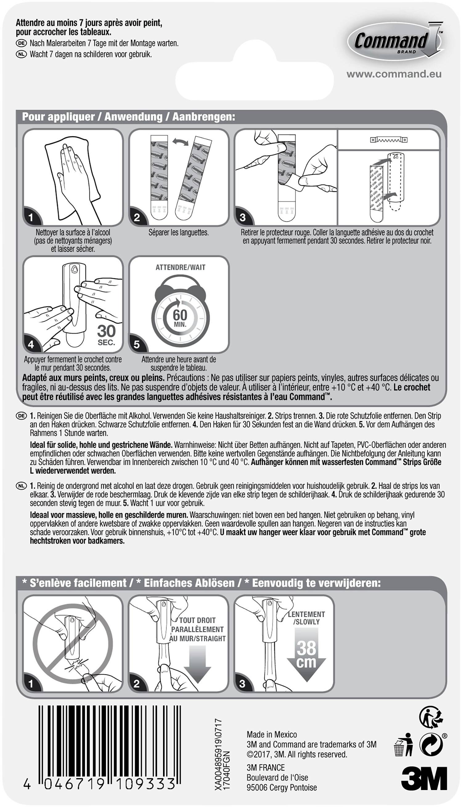 'Command'-Klebestreifen Verpackungsanleitung in Deutsch, Französisch und Niederländisch. Schritte zum Anbringen und Entfernen beschrieben.