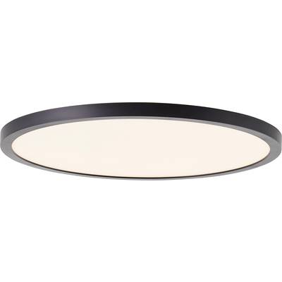 Eine runde, moderne Deckenlampe mit schwarzem Rahmen und weißem Licht, leuchtet gleichmäßig und blendfrei.