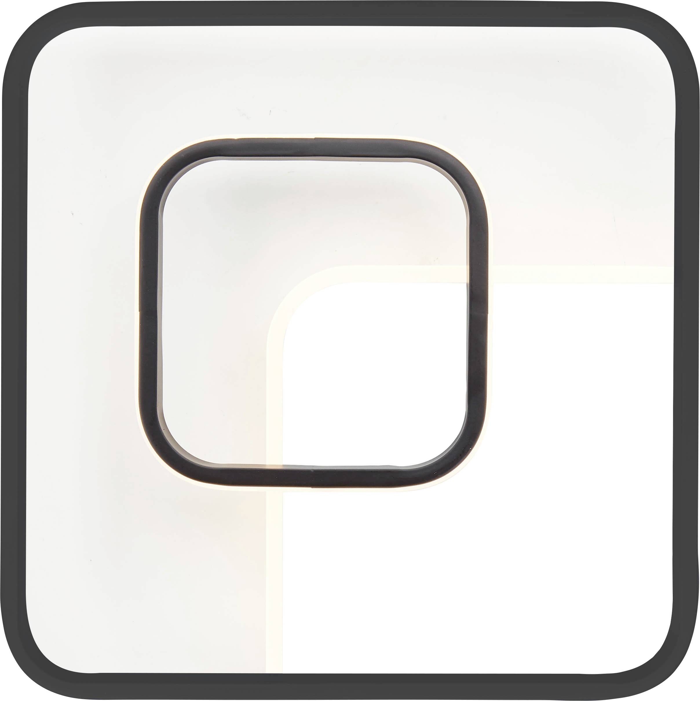 Ein quadratischer Lichtschalter mit abgerundeten Ecken auf weißem Hintergrund. Schalter ist eingerahmt, hebt sich deutlich ab.