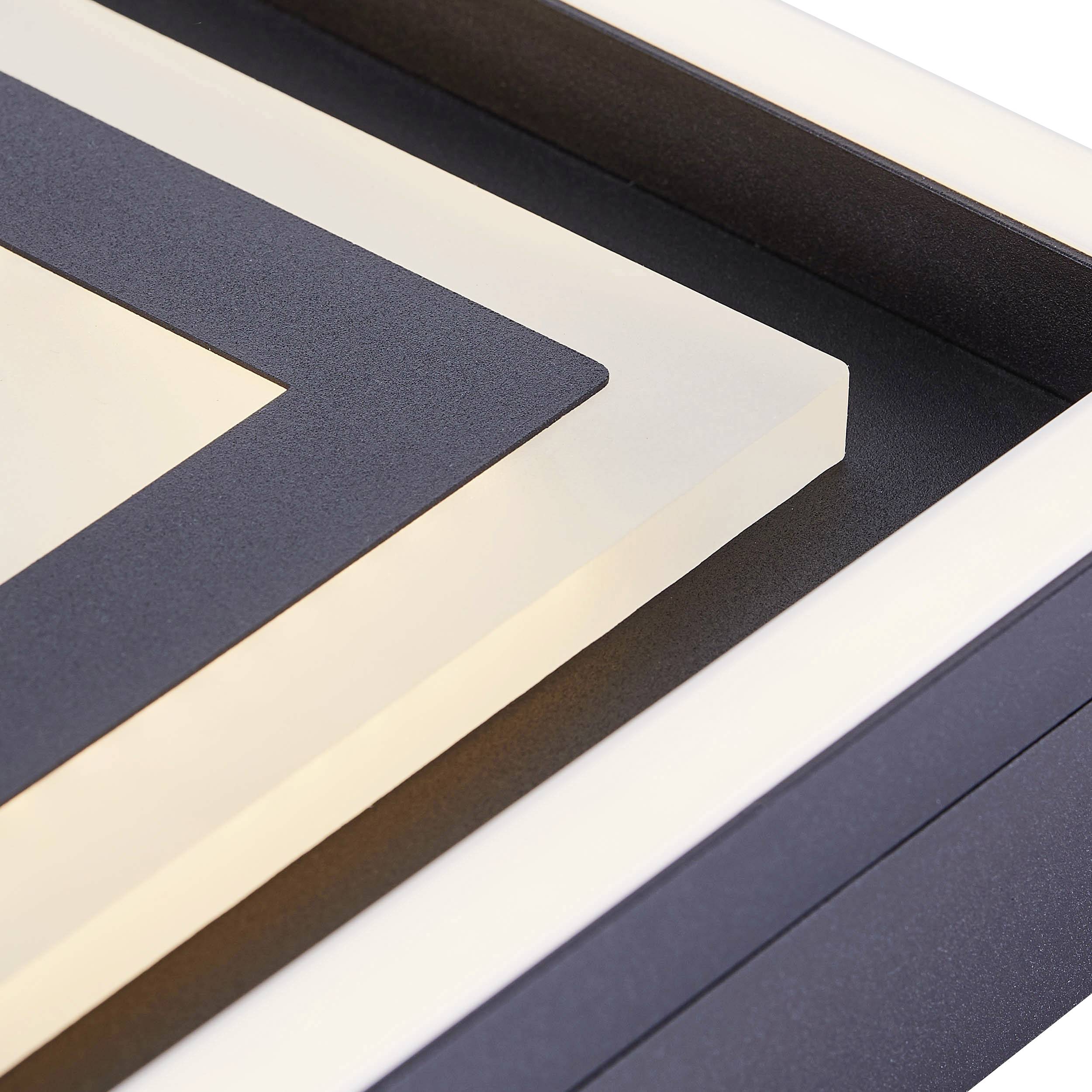 Geometrisches Design mit überlappenden, beleuchteten Rechtecken in Weiß und Schwarz, die eine moderne, minimalistische Ästhetik erzeugen.