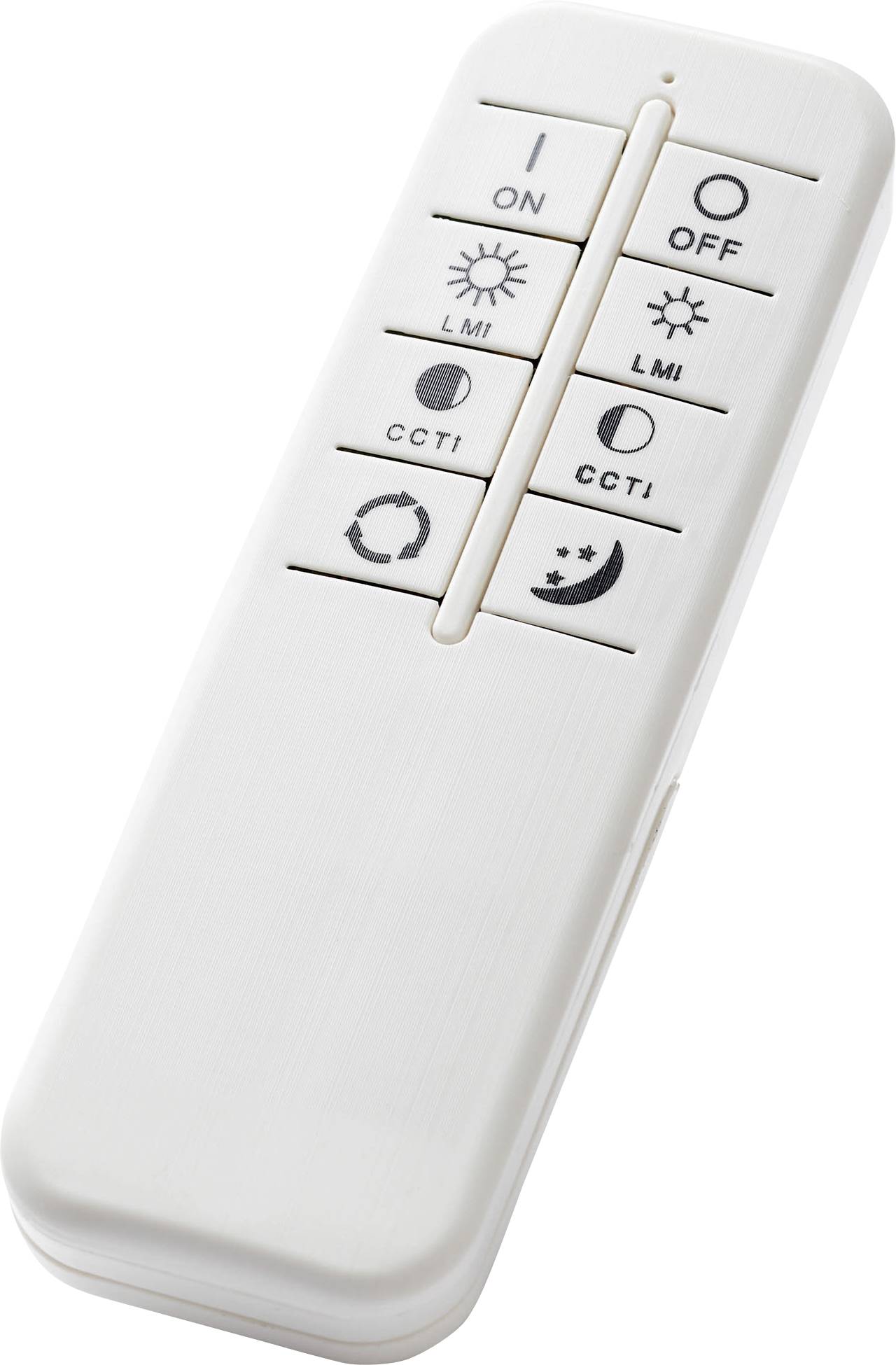 Weiße Fernbedienung mit Tasten für Ein/Aus, Lichtmodi, Farbtemperatur und Nachtmodus.