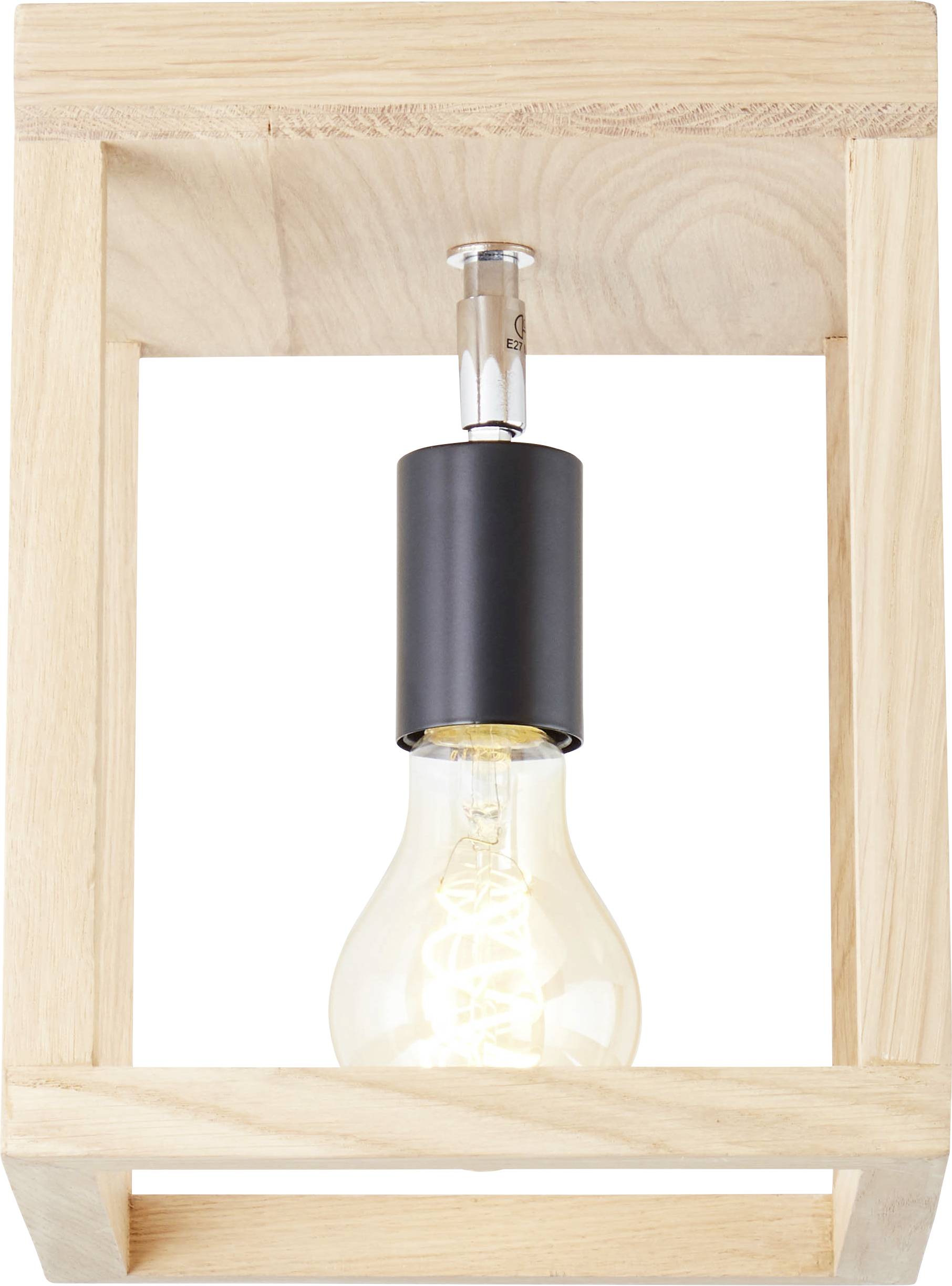 Eine Deckenleuchte mit holzfarbenem Rahmen und sichtbarer Glühbirne, die von einer schwarzen Fassung gehalten wird.
