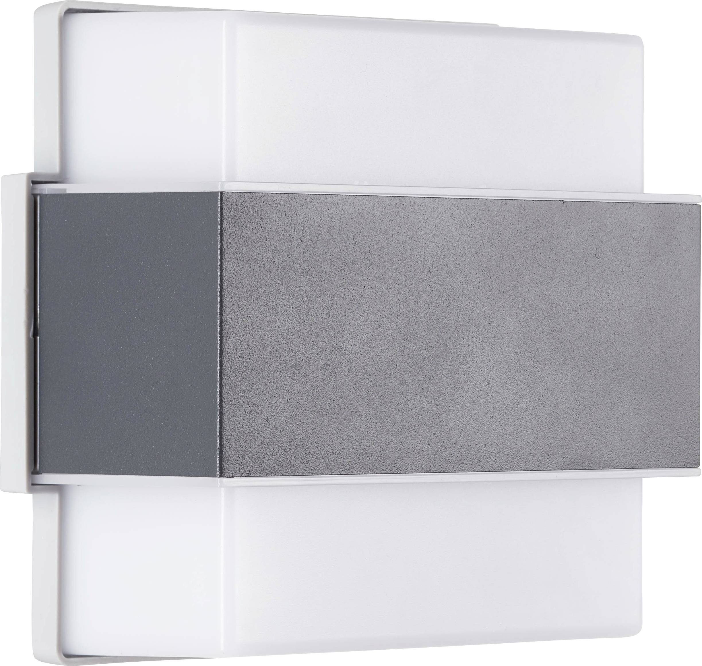 Rechteckige, moderne Wandlampe aus Metall und Glas mit geometrischem Design und neutralen Farbtönen. Geeignet für Innen- und Außenbereiche.