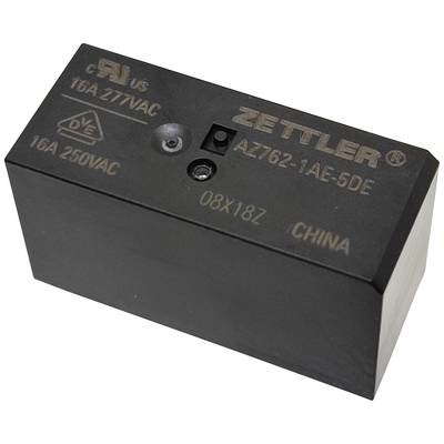 Ein schwarzes Zettler-Relais, Modell AZ762-1AE-5DE, mit Aufschriften zu Spannung (16A 250VAC) und Ursprungsland (China).