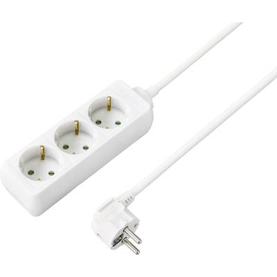 Eine weiße Dreifachsteckdose mit langem Kabel und abgewinkeltem Schuko-Stecker.