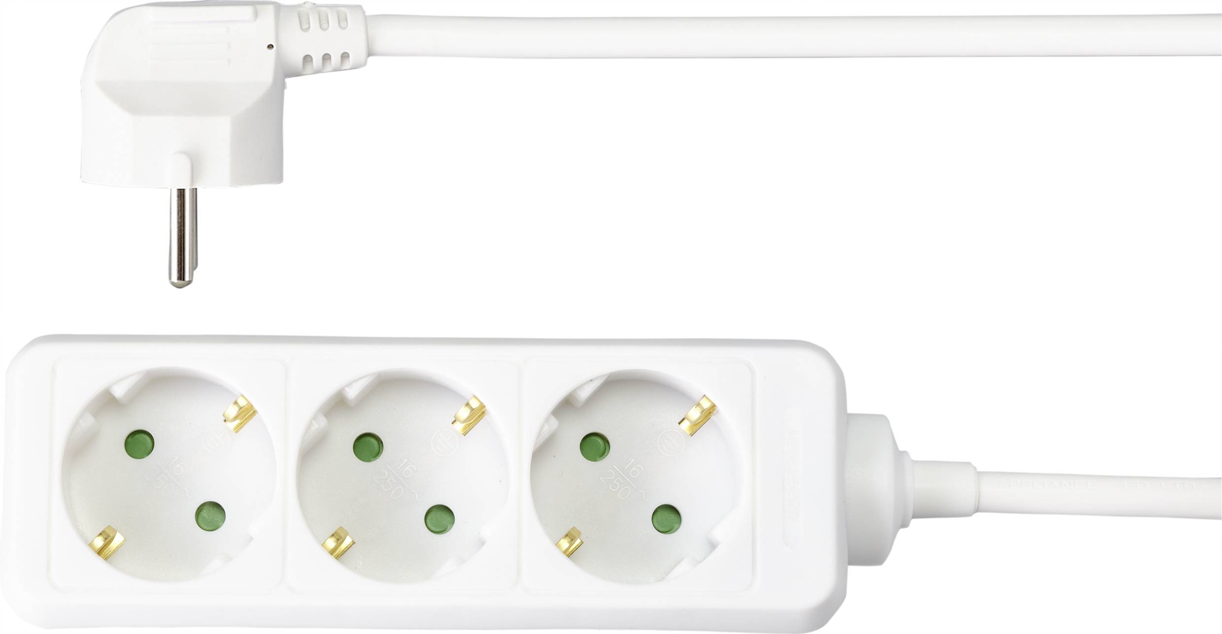 Dreifachsteckdose mit weißem Kabel, geeignet für EU-Stecker.