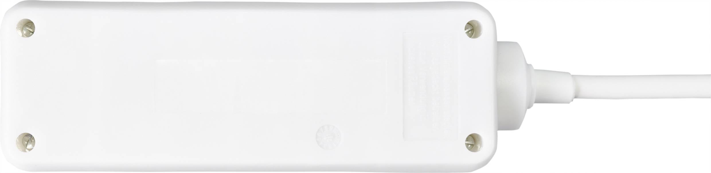 Ein weißer, rechteckiger Adapter mit sichtbaren Schrauben in den Ecken und einem Kabel, das rechts angeschlossen ist.