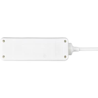 Ein weißer, rechteckiger Adapter mit sichtbaren Schrauben in den Ecken und einem Kabel, das rechts angeschlossen ist.