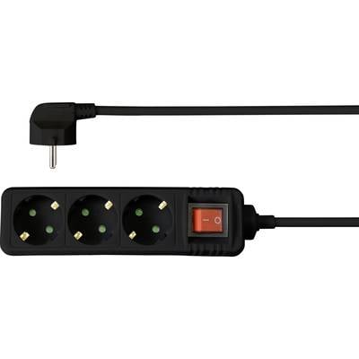 Schwarze Dreifachsteckdose mit einem Schalter, der auf 'Aus' steht, und einem Kabel mit einem Winkelstecker. Geeignet für elektronische Geräte.