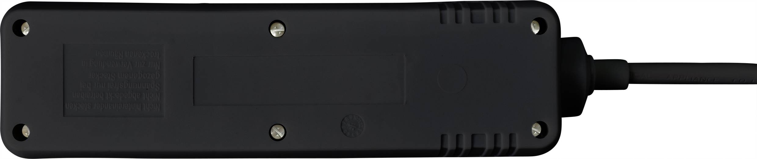 Schwarze elektrische Steckdosenleiste mit mehreren Buchsen und einem angeschlossenen Kabel.