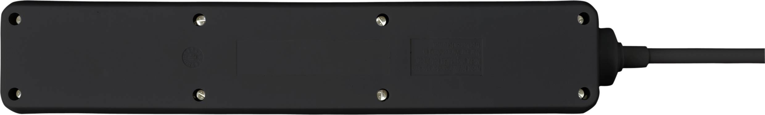 Ein schwarzes, rechteckiges Ladegerät mit einem Kabel. Es hat sechs sichtbare Schrauben und ist auf einer weißen Fläche platziert.