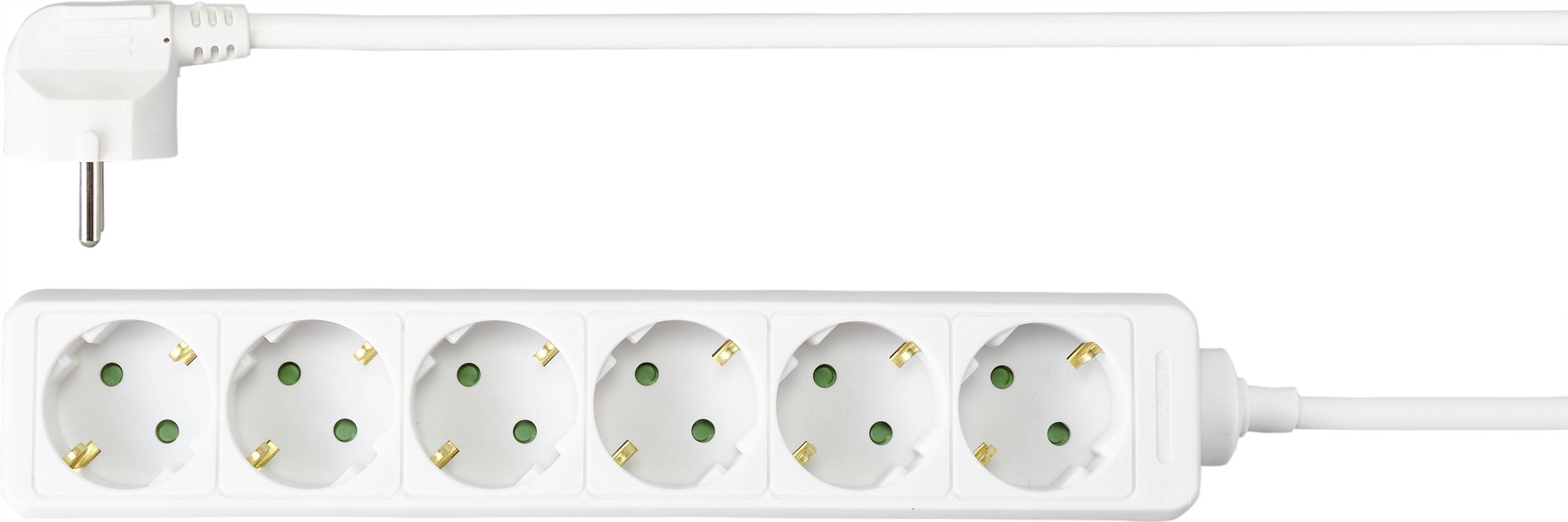 Eine weiße Steckdosenleiste mit sechs Steckplätzen und einem Kabel mit Winkelstecker. Geeignet für den Anschluss mehrerer Geräte.