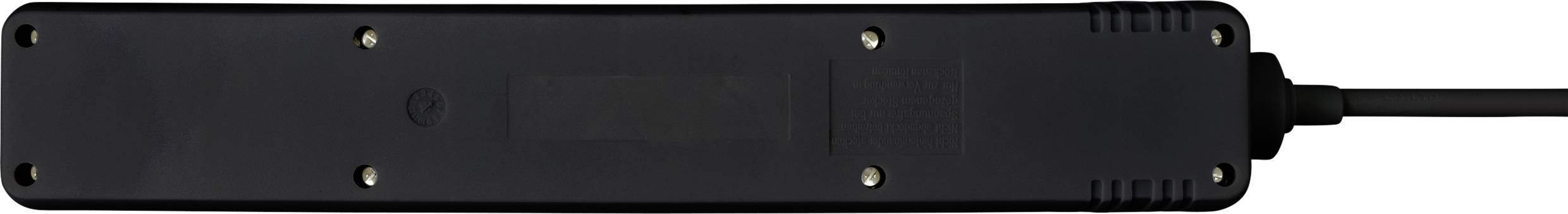 Ein schwarzes, längliches elektronisches Gerät, vermutlich eine Steckdosenleiste, mit Netzkabel auf der rechten Seite.