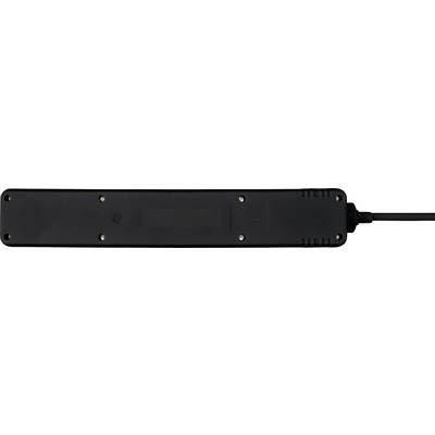 Ein schwarzes, längliches elektronisches Gerät, vermutlich eine Steckdosenleiste, mit Netzkabel auf der rechten Seite.