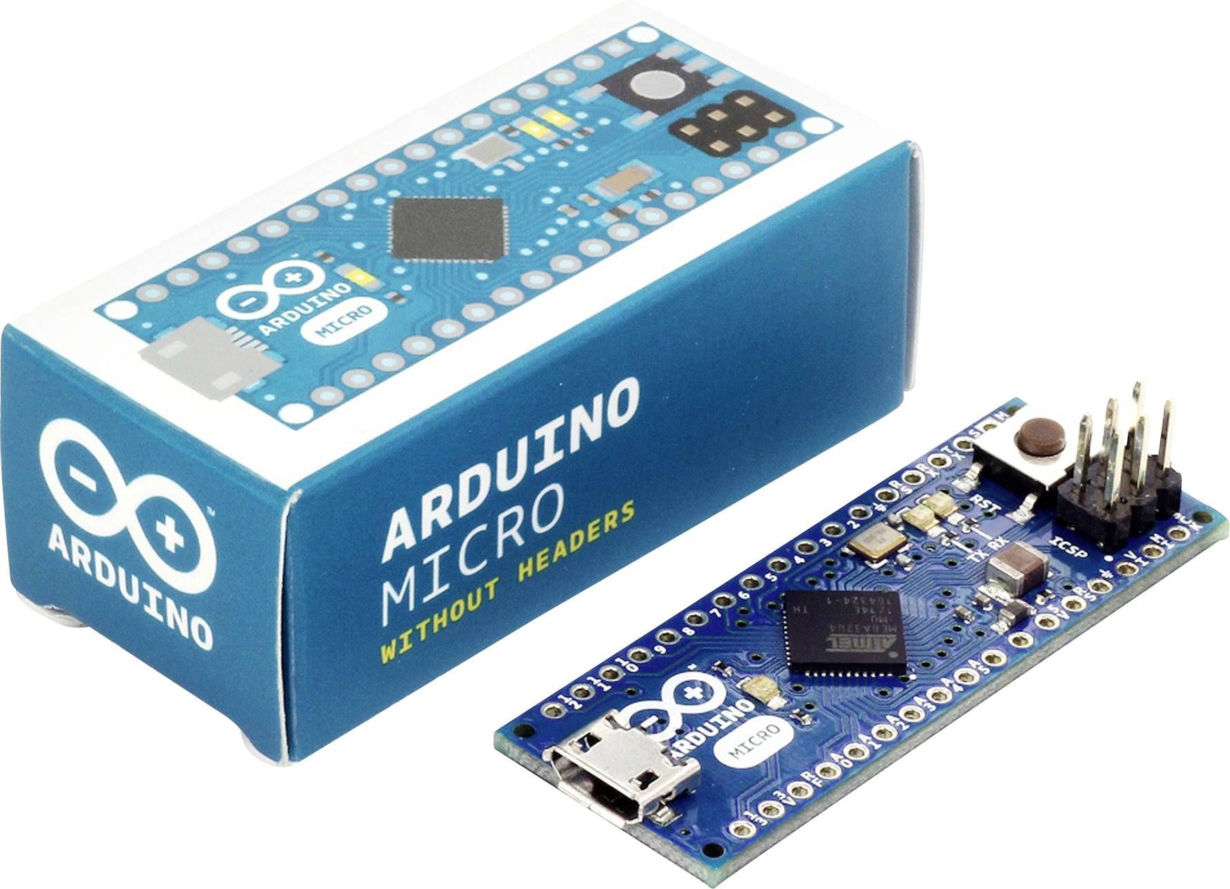 Eine blaue Arduino Micro Platine liegt neben ihrer Verpackung. Die Platine zeigt einen Mikrocontroller und diverse Anschlüsse.