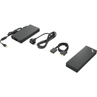 'Dockingstation mit Netzkabel, zwei USB-C-Kabeln und einem Netzteil. Geeignet für den Anschluss mehrerer Geräte an einen Laptop.'
