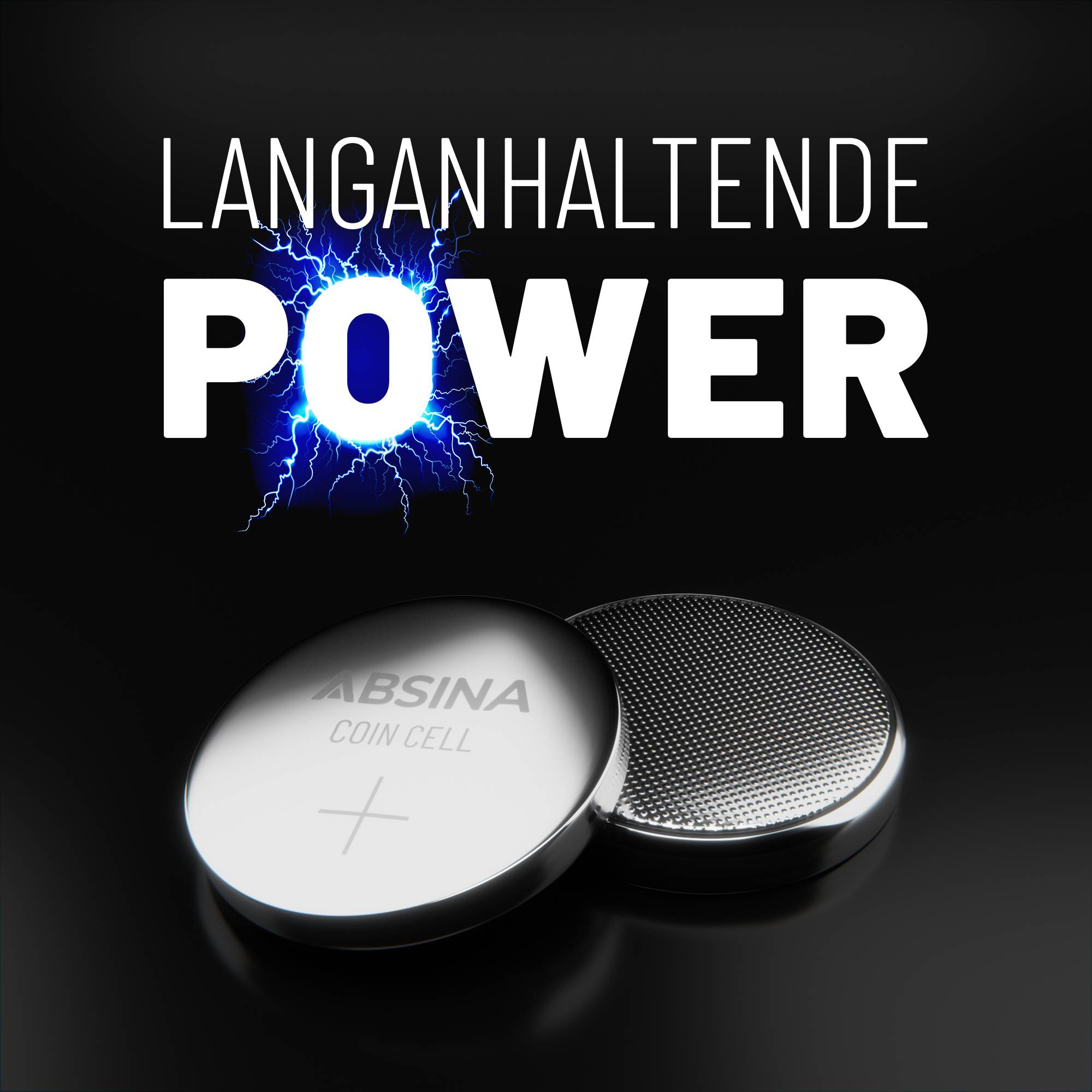 Eine silberne Knopfzelle-Batterie auf schwarzem Hintergrund. Oben ist der Text 'Langanhaltende Power' mit einem blauen Stromblitz.