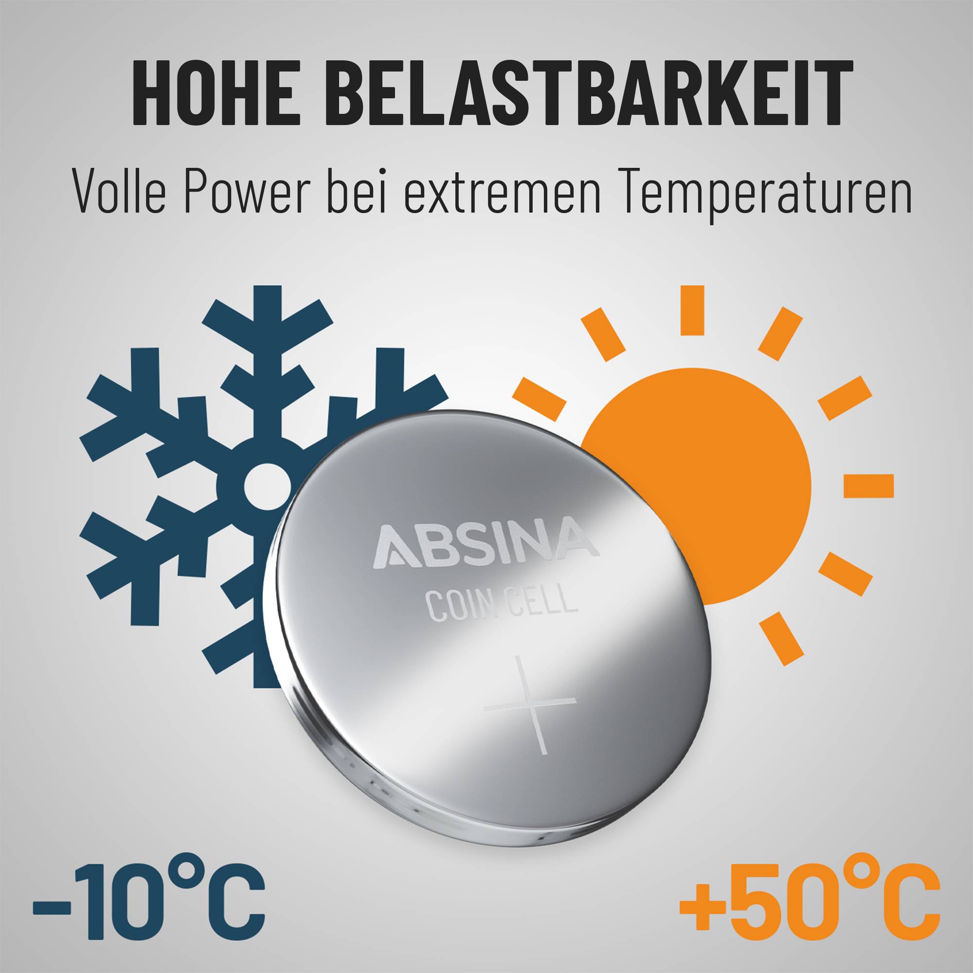 Silberne Knopfzelle mit Text 'HOHE BELASTBARKEIT. Volle Power bei extremen Temperaturen.' Symbole für Schnee und Sonne, Temperaturen -10°C und +50°C.