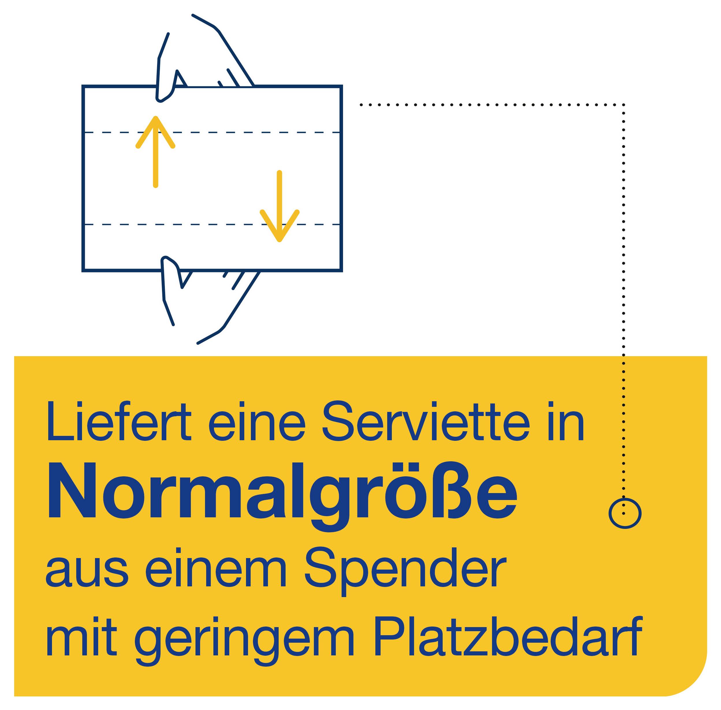Illustration eines Spenders, der eine Serviette in Normalgröße mit geringem Platzbedarf ausgibt.