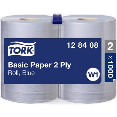Zwei blaue, zweilagige Papierrollen der Marke 'Tork', verpackt in Folie. Produktcode: 12 84 08. Typ W1, je 1000 Blatt.