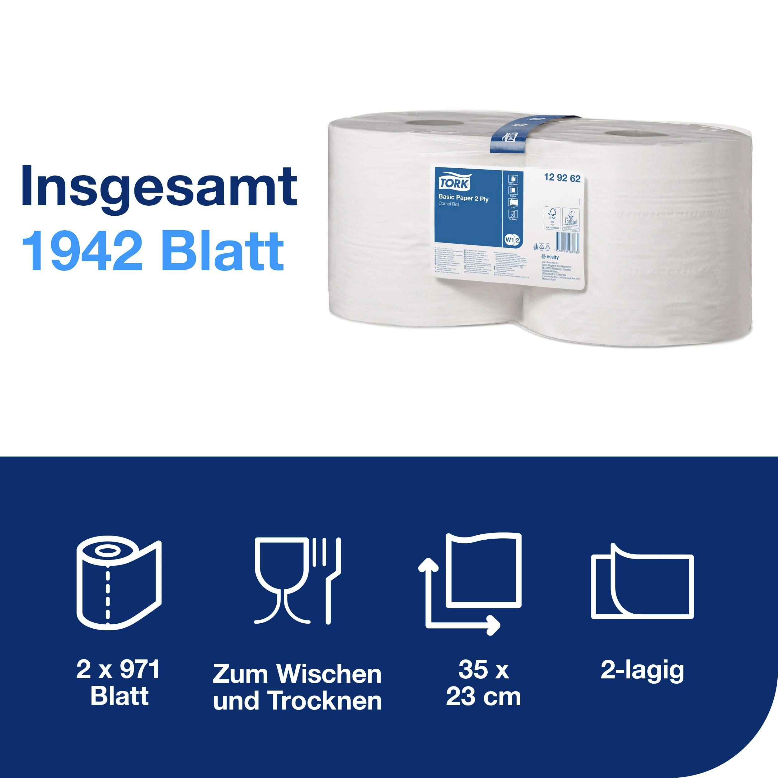 Zwei große Papierhandtuchrollen, insgesamt 1942 Blatt. Geeignet zum Wischen und Trocknen, Maße 35 x 23 cm, 2-lagig.