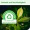 Ein Blatt mit Wassertropfen, daneben ein Symbol mit Recyclingzeichen, Text: 'This packaging is made from at least 30% recycled plastic'.