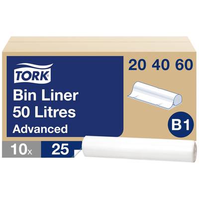 Schachtel mit Tork-Müllbeutelaufdruck, 50 Liter, B1. Zeigt Müllbeutelrolle. Beschriftet mit '20 40 60', '10x 25'.