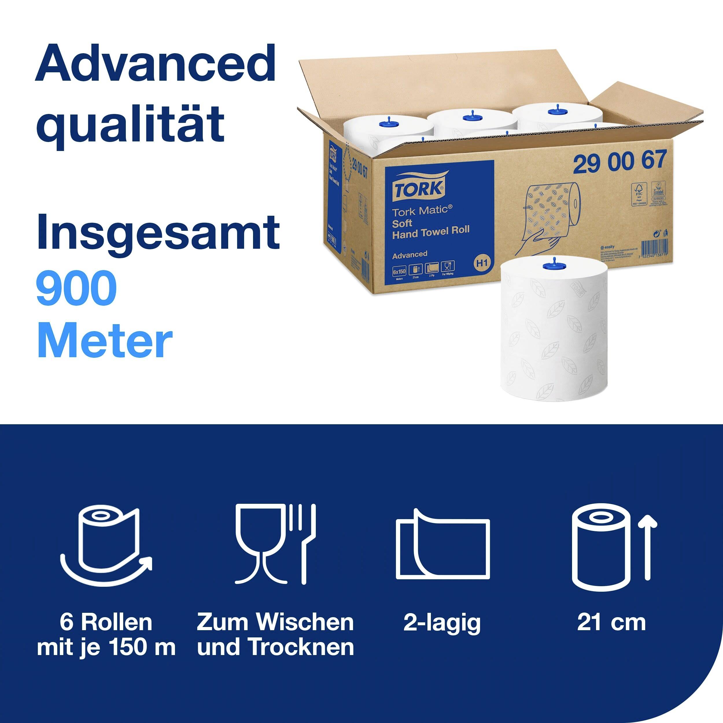 'Tork Matic Handtuchrollen, 6 Rollen á 150 m, 2-lagig, insgesamt 900 Meter, zum Wischen und Trocknen, Rollenbreite 21 cm.'