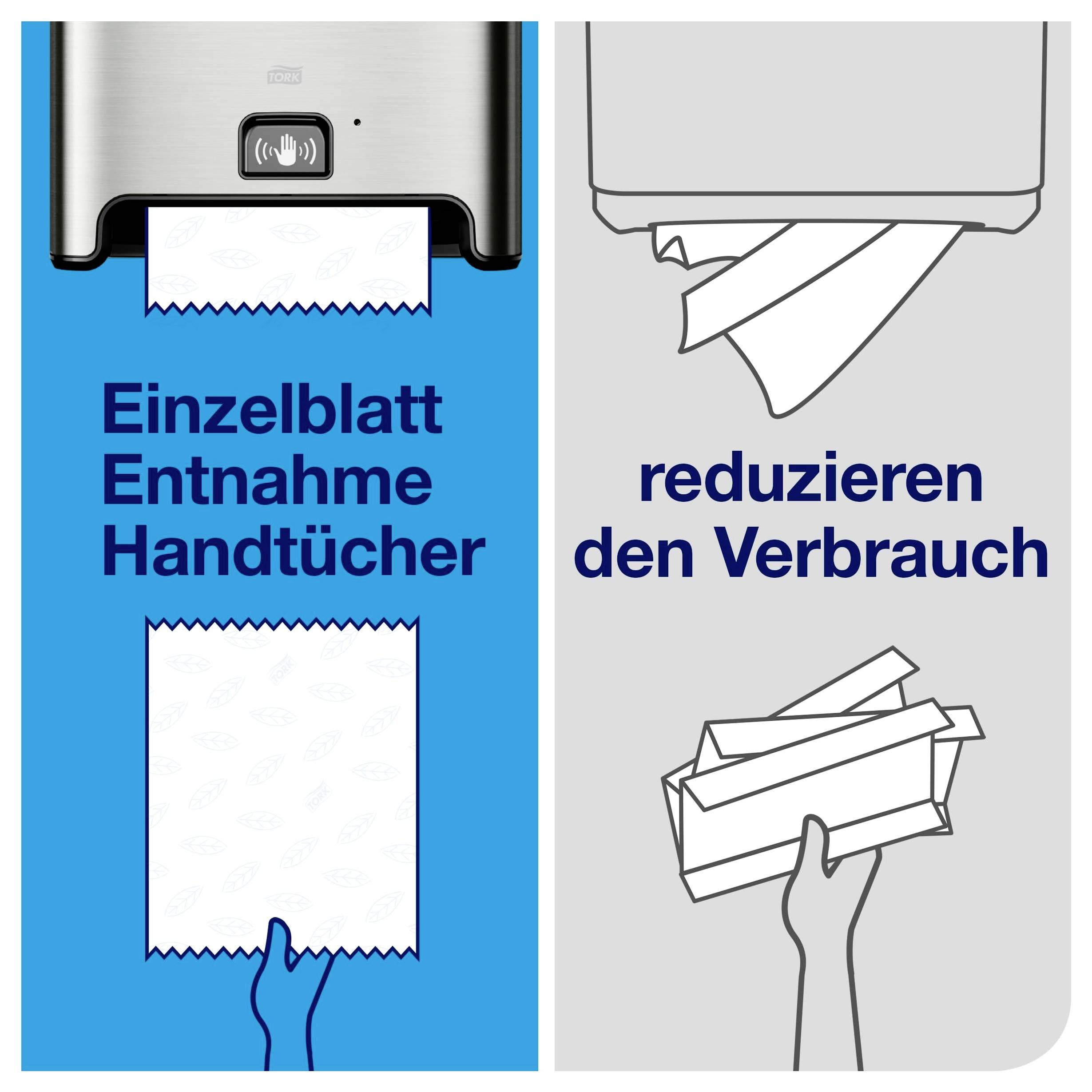 Hinweisschild: 'Einzelblatt Entnahme Handtücher' reduziert den Verbrauch; links Spender mit einzelnem Tuch, rechts Symbol für weniger Papierverbrauch.<br>