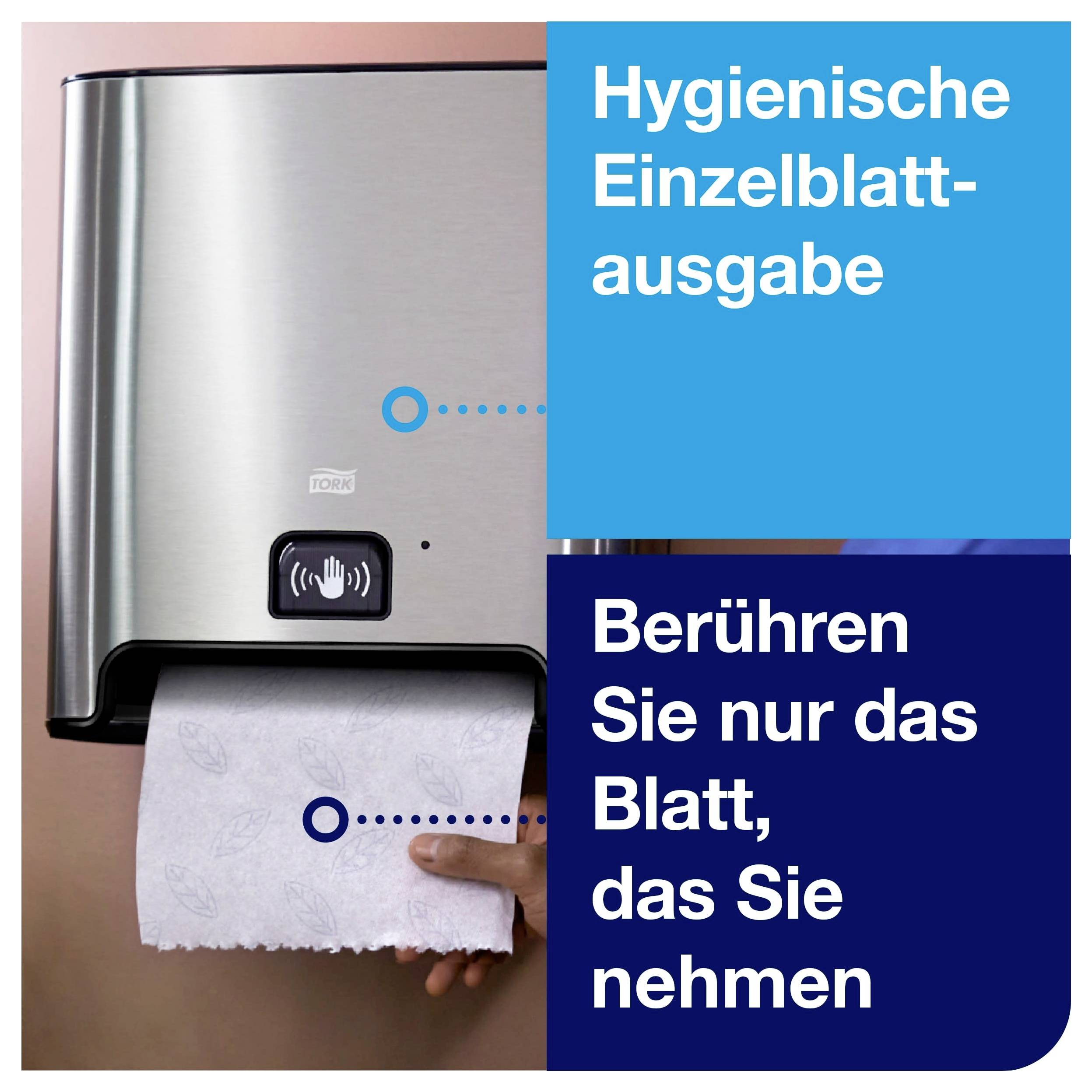 Tork-Papierhandtuchspender mit Hinweis: 'Hygienische Einzelblattausgabe' und 'Berühren Sie nur das Blatt, das Sie nehmen'; Hand entnimmt ein Blatt.<br>