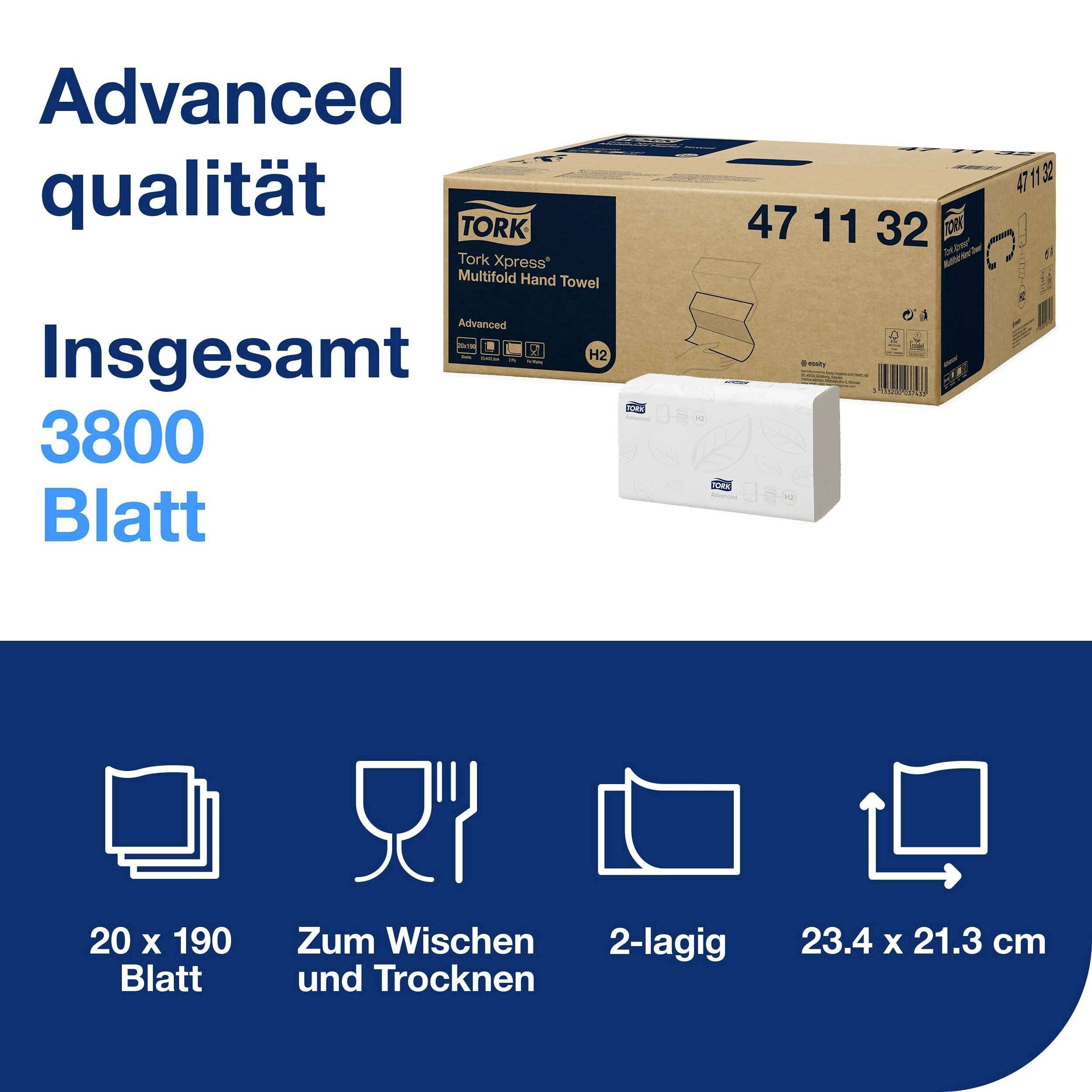 Verpackung von Tork Xpress Multifold Handtüchern, insgesamt 3800 Blatt, 2-lagig, 20 Packungen à 190 Blatt, 23,4 x 21,3 cm.