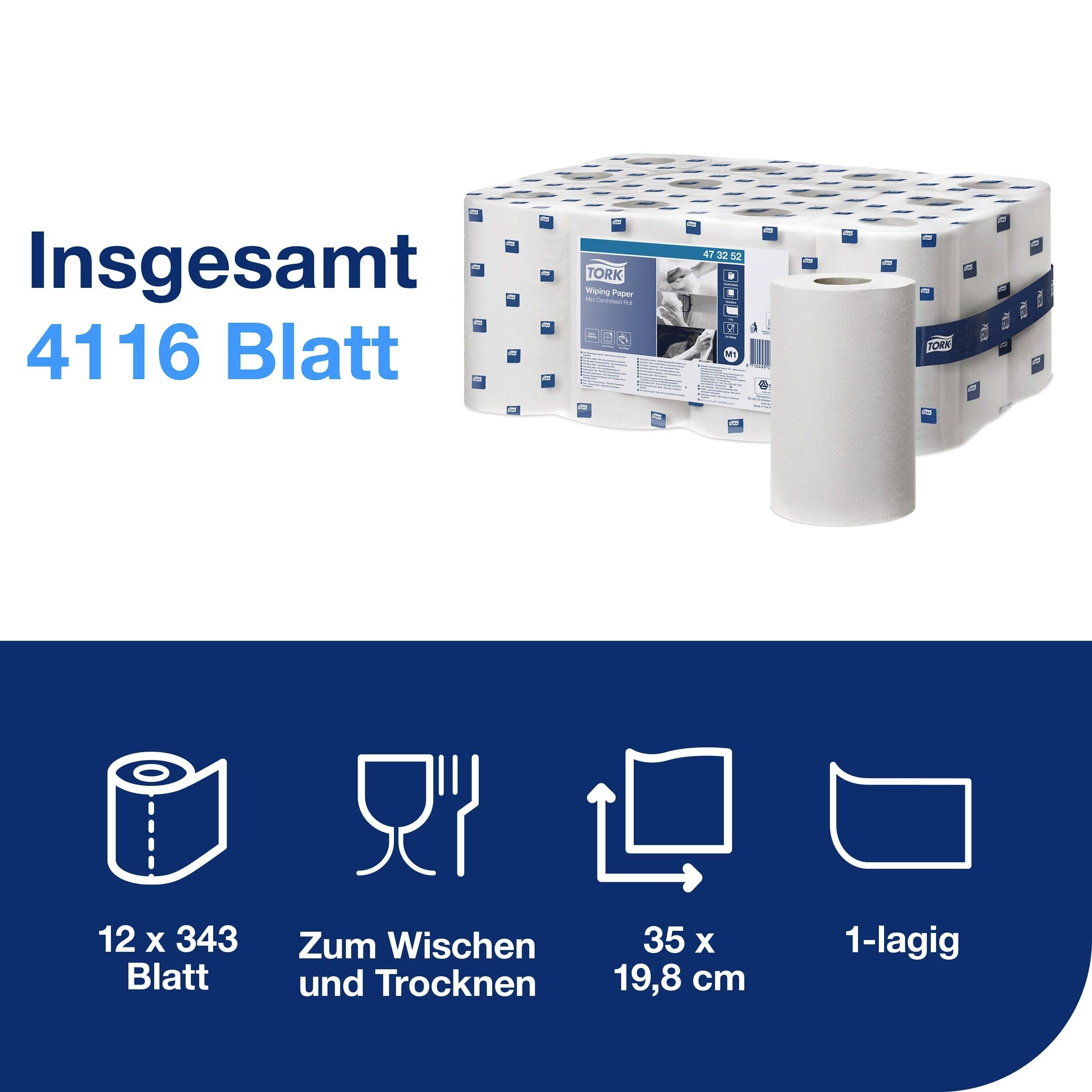 Insgesamt 4116 Blatt; 12 Rollen à 343 Blatt; 1-lagig; Zum Wischen und Trocknen; 35 x 25 cm.