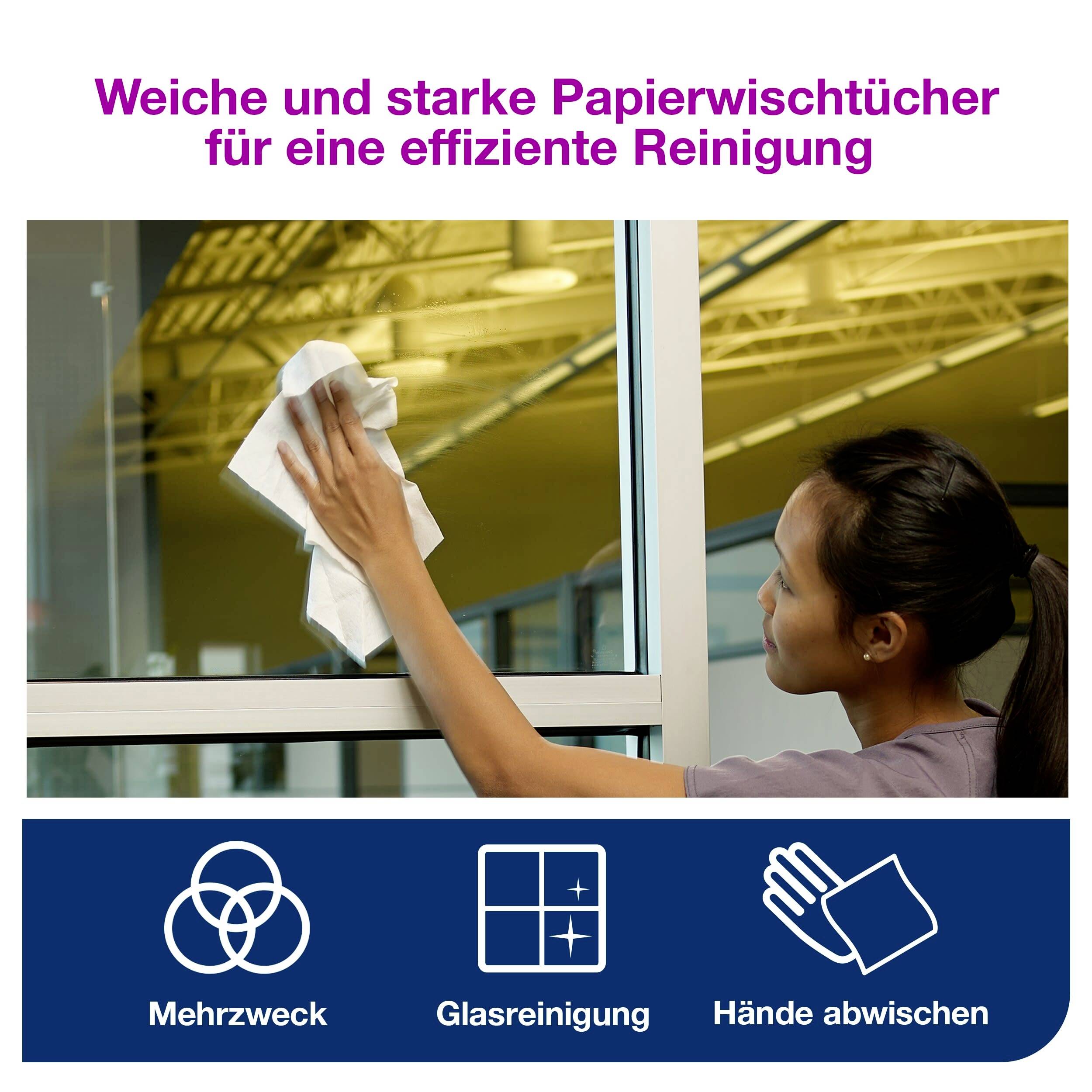 'Frau reinigt Fenster mit einem Papiertuch; Text oben: Weiche und starke Papierwischtücher für eine effiziente Reinigung; Symbole unten: Mehrzweck, Glasreinigung, Hände abwischen.'