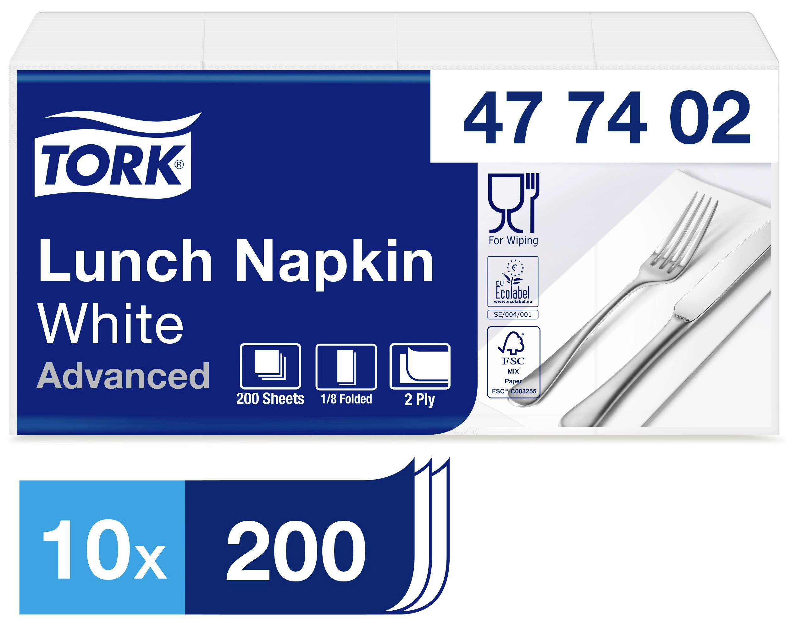 Servietten-Packung 'Tork' mit 200 weißen, 2-lagigen Servietten. Abgebildet sind Symbole für Nachhaltigkeit und Anwendungshinweise.