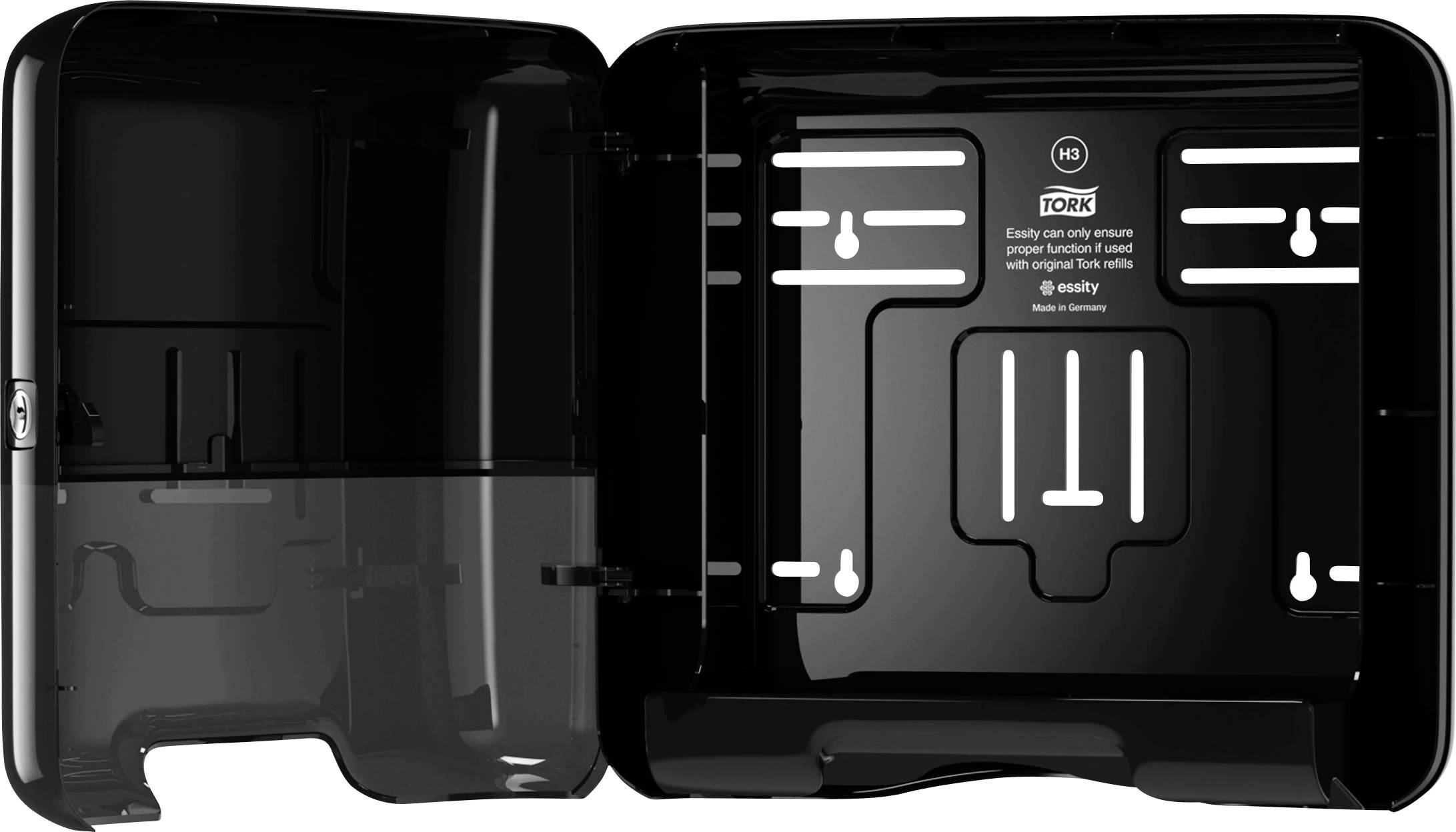 Ein offener, schwarzer Papierspender mit Beschriftung 'Tork Easycube'. Innenansicht zeigt Halterungen für Papierrollen.