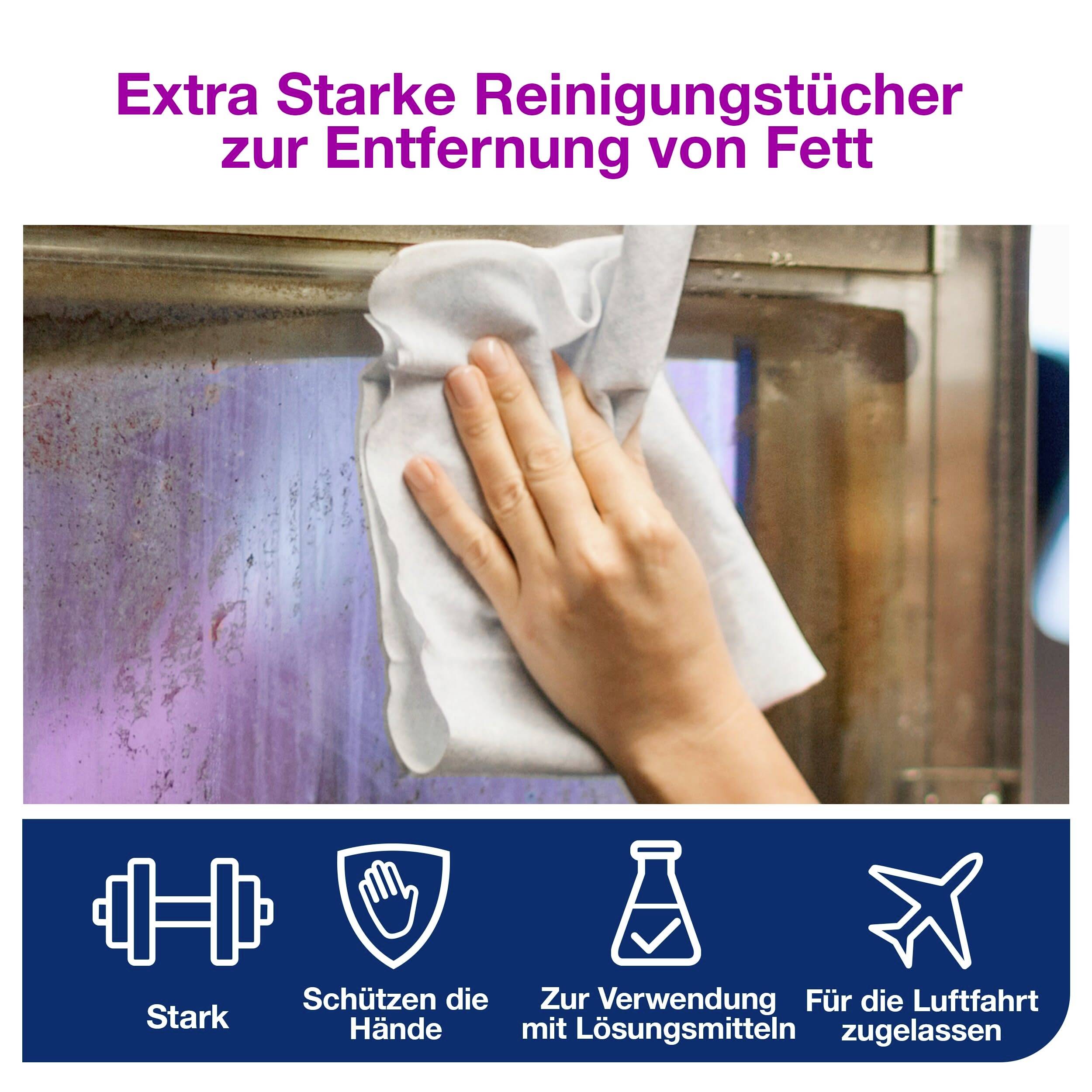 'Hand wischt Fensterscheibe sauber mit Reinigungstuch, Text: Extra starke Reinigungstücher zur Entfernung von Fett.'