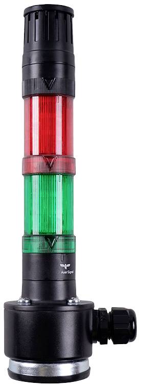 Eine schwarz-rote-grüne Signalleuchte mit mehreren transparenten Segmenten, verwendet zur Anzeige von Betriebszuständen.