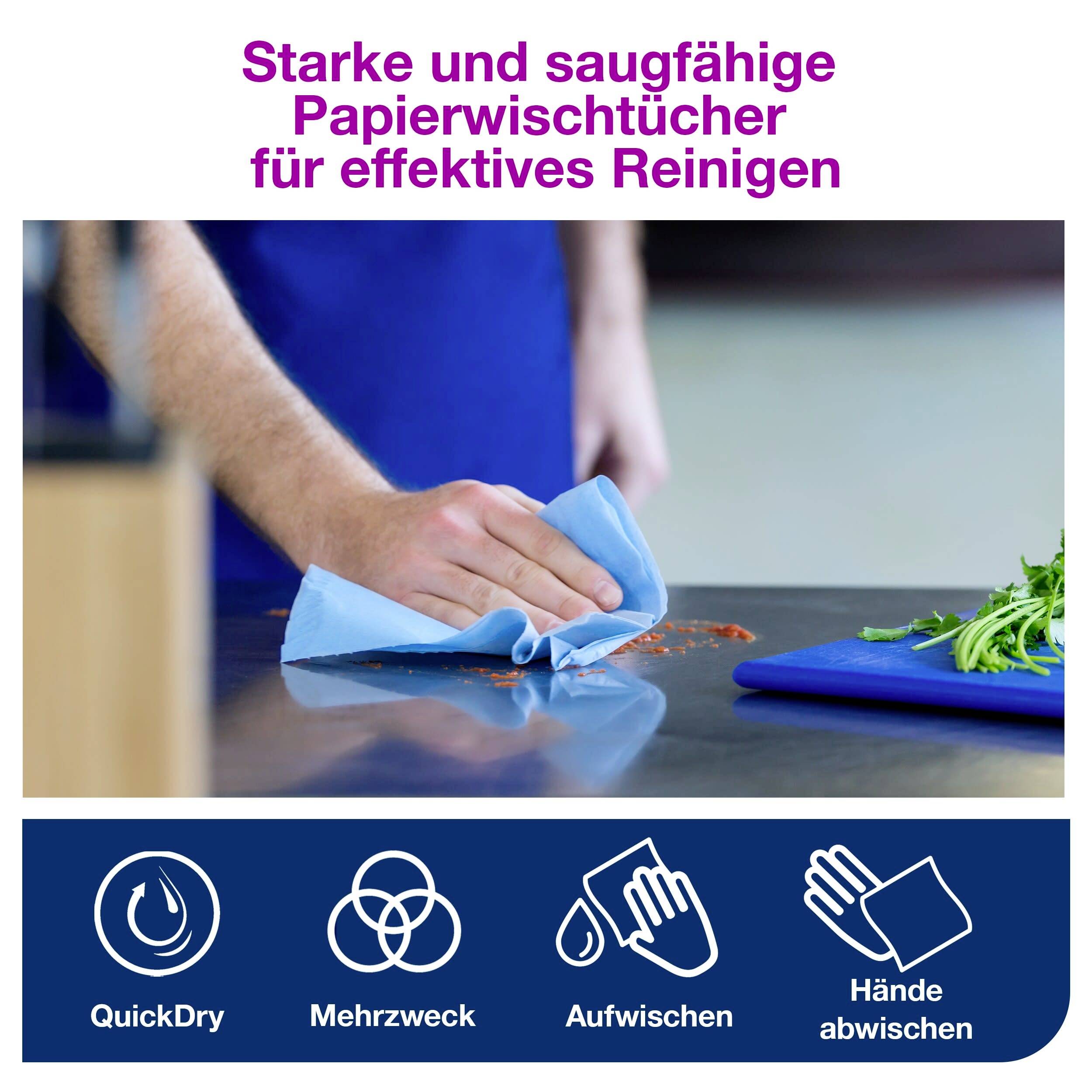 Person wischt mit einem blauen Papierwischtuch eine nasse Oberfläche ab. Piktogramme darunter zeigen Funktionen wie 'QuickDry' und 'Mehrzweck'.