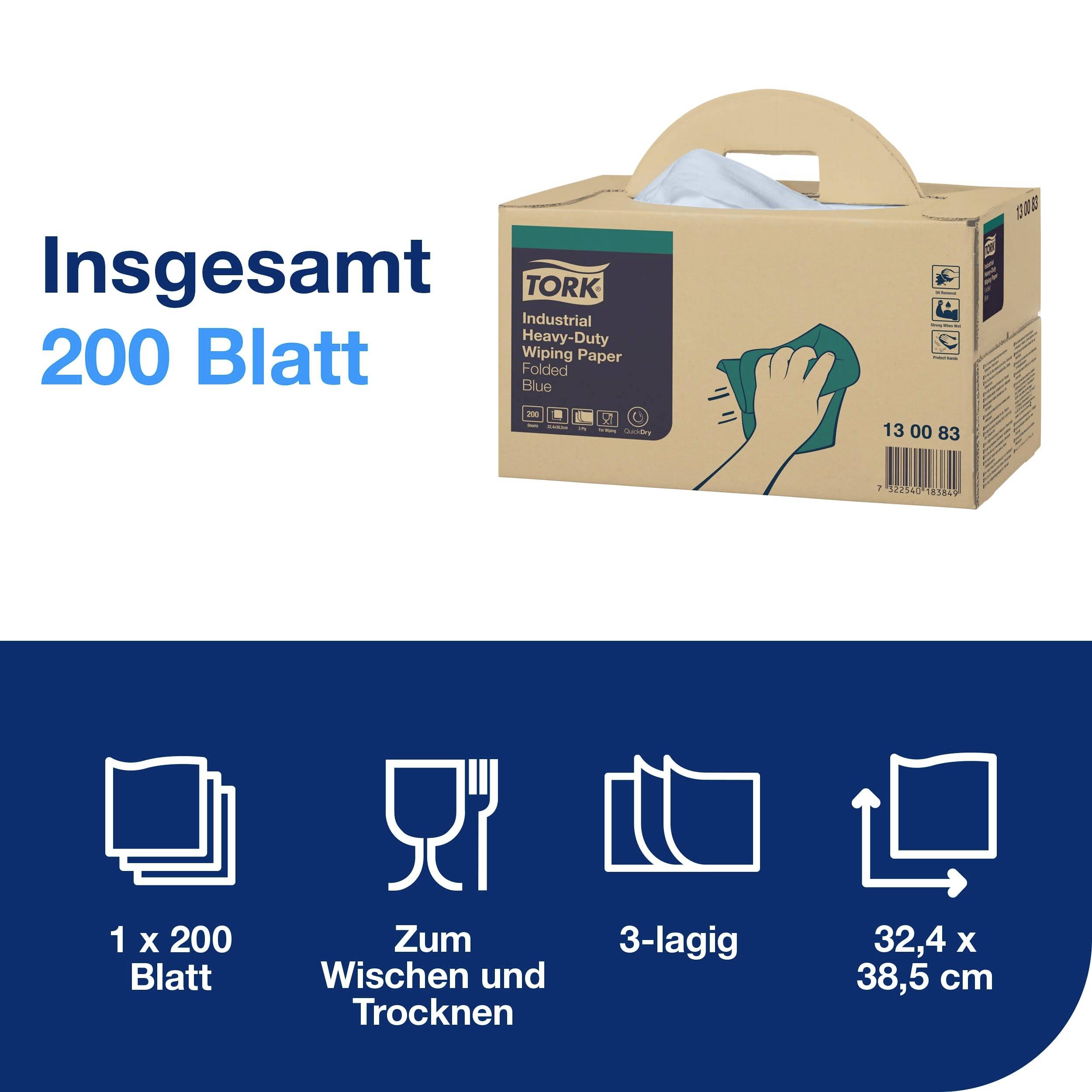 Eine Packung Tork Industrie-Wischtücher, ideal zum Wischen und Trocknen. Enthält insgesamt 200 Blatt, 3-lagig, Größe 32,4 x 38,5 cm.