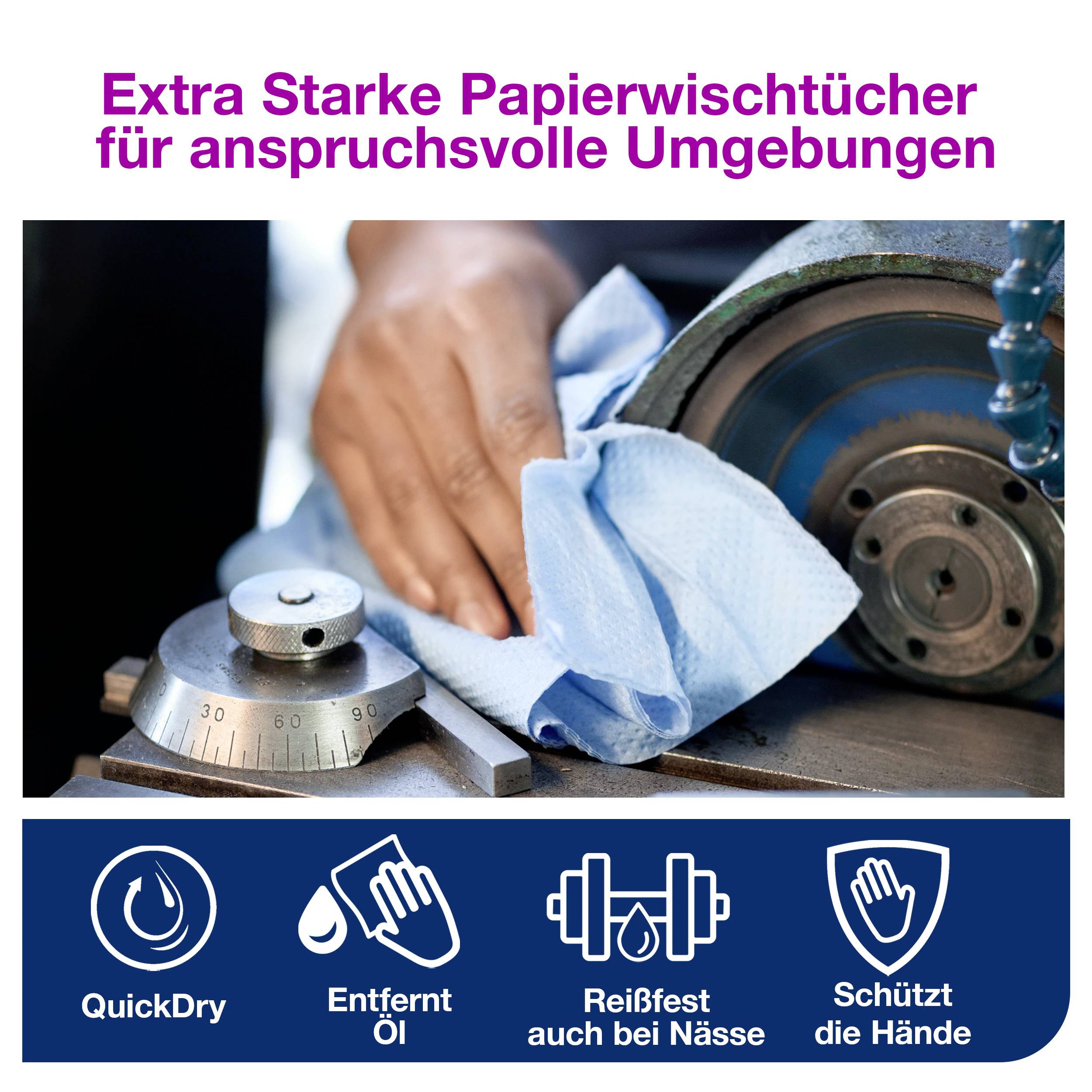 'Extra Starke Papierwischtücher für anspruchsvolle Umgebungen.' Bild eines blauen Tuchs, das eine Metalloberfläche reinigt. Symbole: Schnell trocknend, Ölentfernung, reißfest bei Nässe, Handschutz.