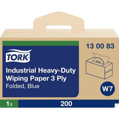 Verpackung für 'Tork Industrial Heavy-Duty Wiping Paper 3 Ply', blau, gefaltet. Enthält 200 Tücher. Produktnummer: 13 00 83.