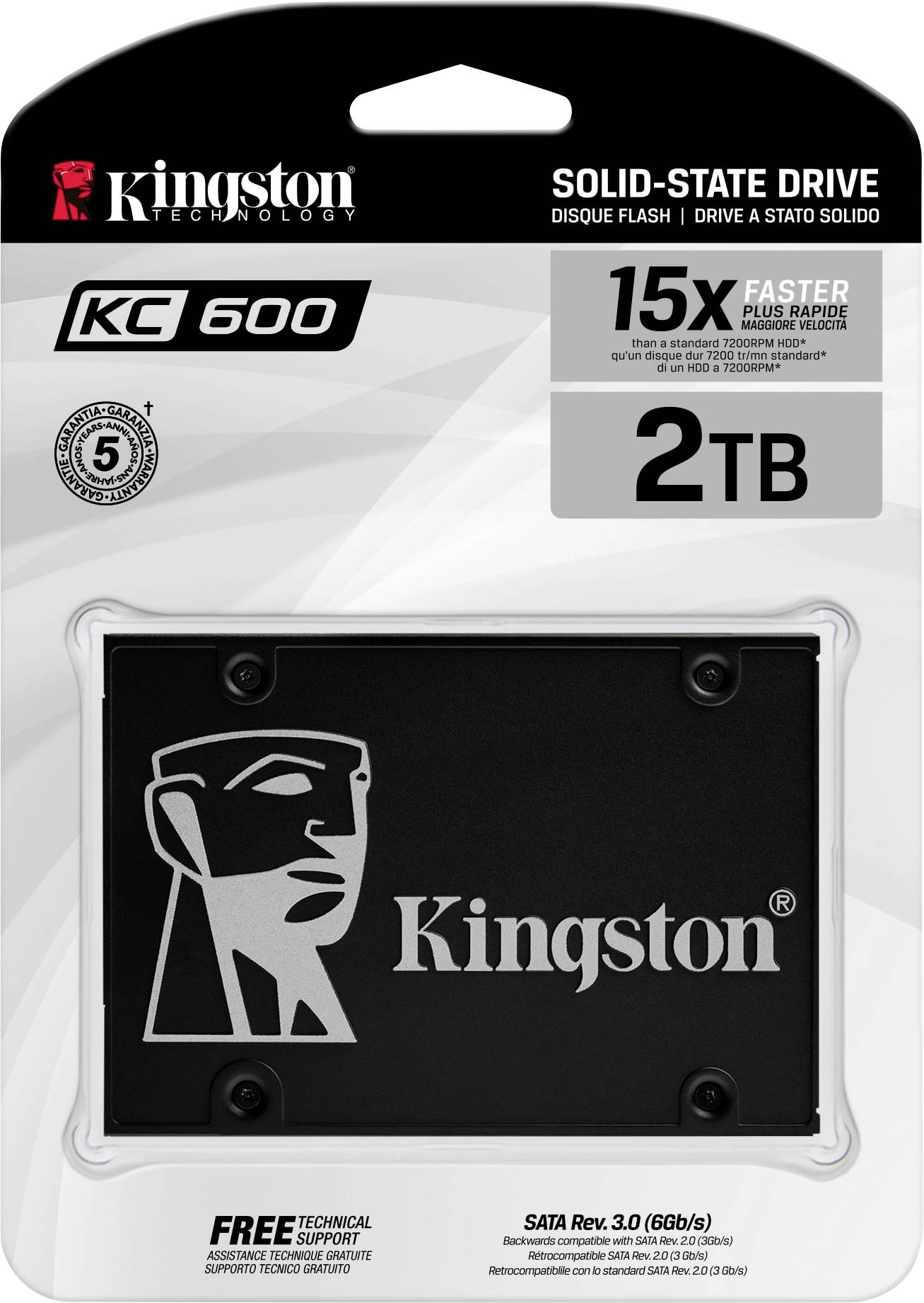 Verpackung einer Kingston KC600 SSD mit 2 TB Kapazität. Aussagen zur Geschwindigkeit und technischen Unterstützung sind hervorgehoben.