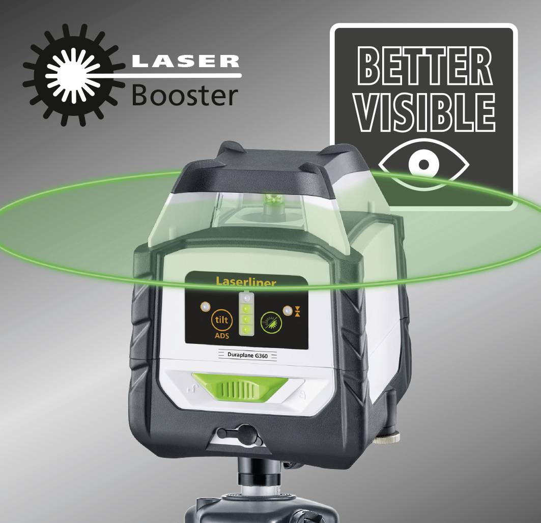 Lasergerät mit grünem Kreis und Logo 'LASER Booster'. Aufschrift 'BETTER VISIBLE' im Hintergrund. Hauptmerkmal: Sichtbarkeit verbessern.